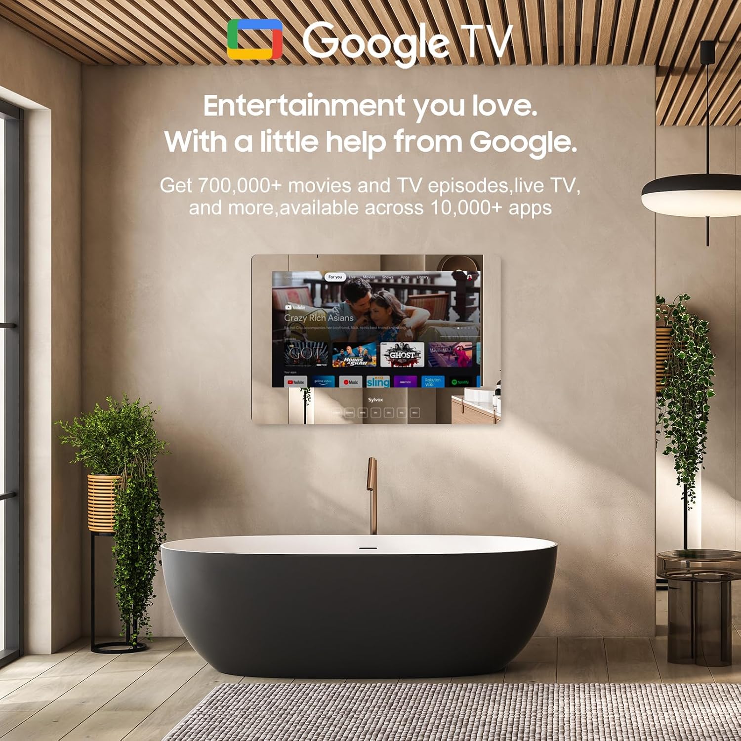 Telewizor łazienkowy SYLVOX, 24-calowy telewizor Smart Mirror do łazienkowego prysznica SPA, Najnowszy system Google, wodoodporny przycisk dotykowy 1080P IP66 WiFi Bluetooth Google Assistant, Smart TV do wilgotnego środowiska wewnętrznego
