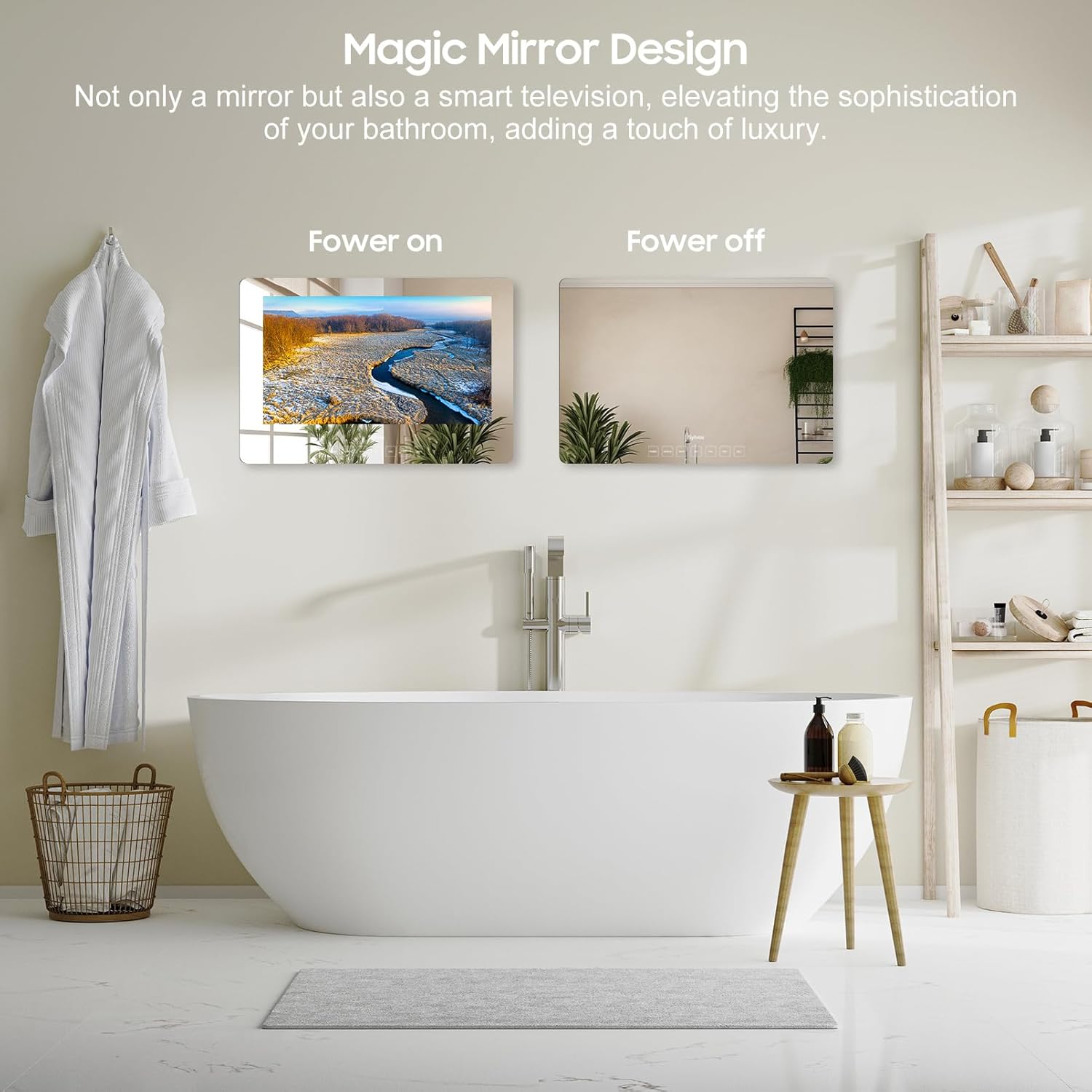 Telewizor łazienkowy SYLVOX, 24-calowy telewizor Smart Mirror do łazienkowego prysznica SPA, Najnowszy system Google, wodoodporny przycisk dotykowy 1080P IP66 WiFi Bluetooth Google Assistant, Smart TV do wilgotnego środowiska wewnętrznego