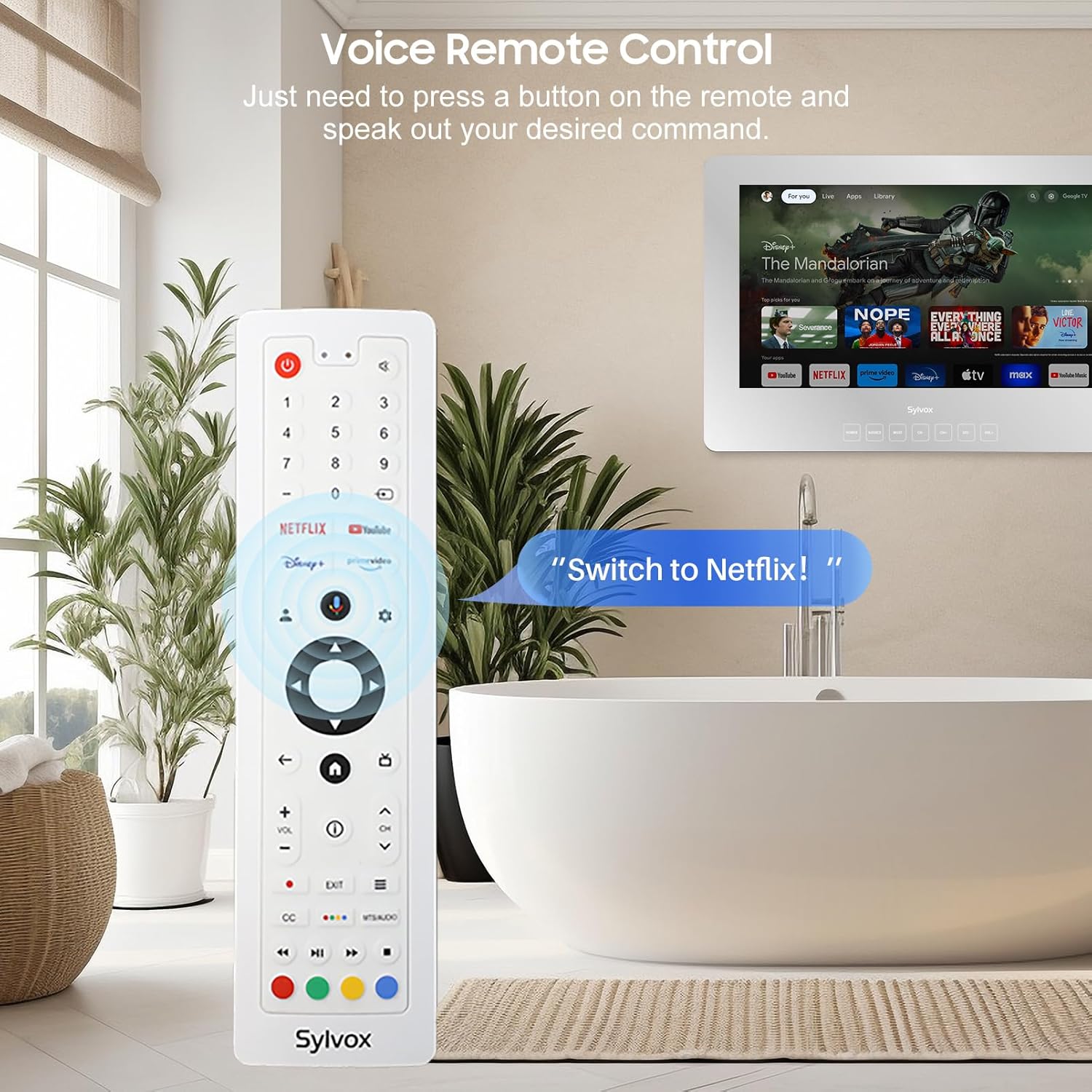Telewizor łazienkowy SYLVOX, 24-calowy telewizor Smart Mirror do łazienkowego prysznica SPA, Najnowszy system Google, wodoodporny przycisk dotykowy 1080P IP66 WiFi Bluetooth Google Assistant, Smart TV do wilgotnego środowiska wewnętrznego