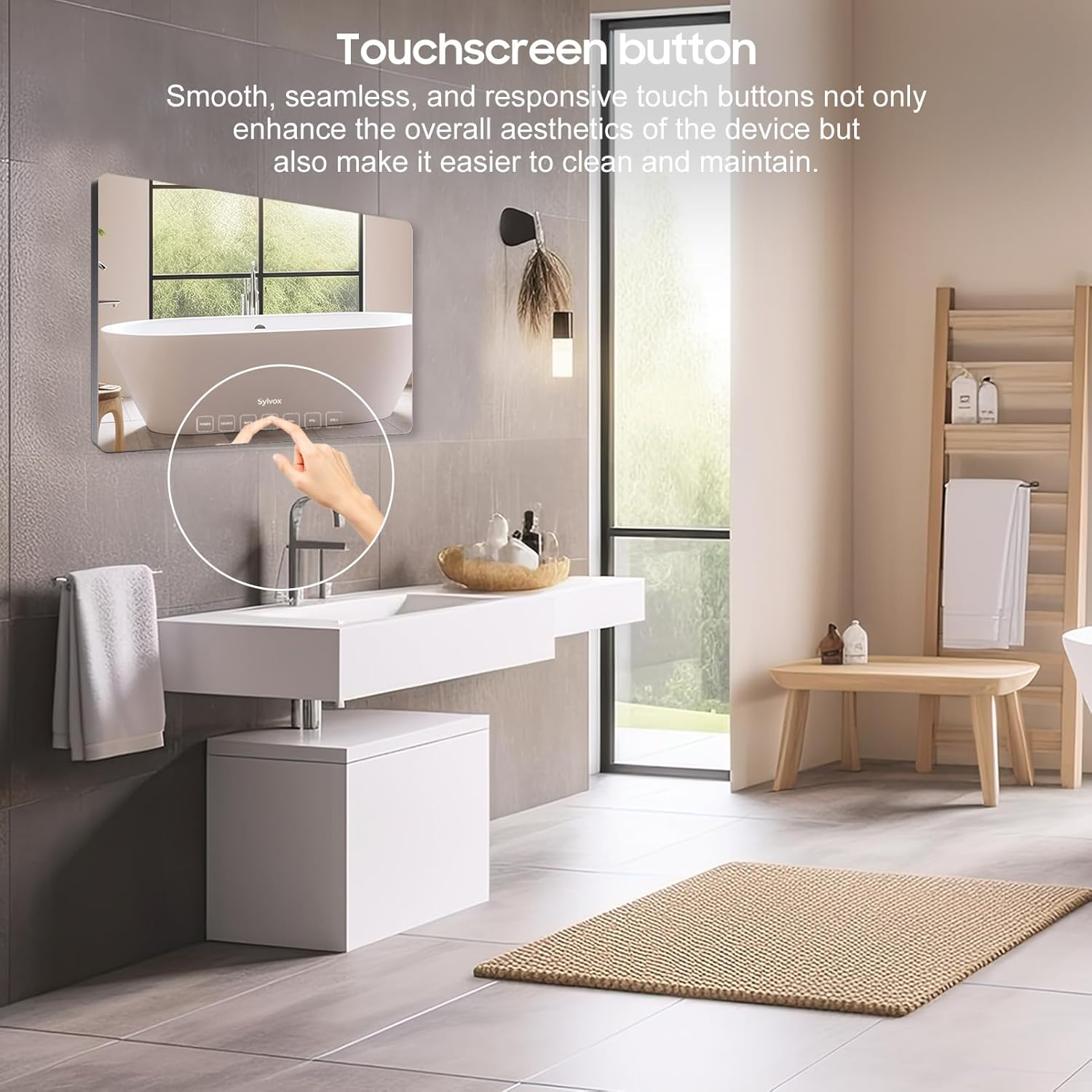 Telewizor łazienkowy SYLVOX, 24-calowy telewizor Smart Mirror do łazienkowego prysznica SPA, Najnowszy system Google, wodoodporny przycisk dotykowy 1080P IP66 WiFi Bluetooth Google Assistant, Smart TV do wilgotnego środowiska wewnętrznego