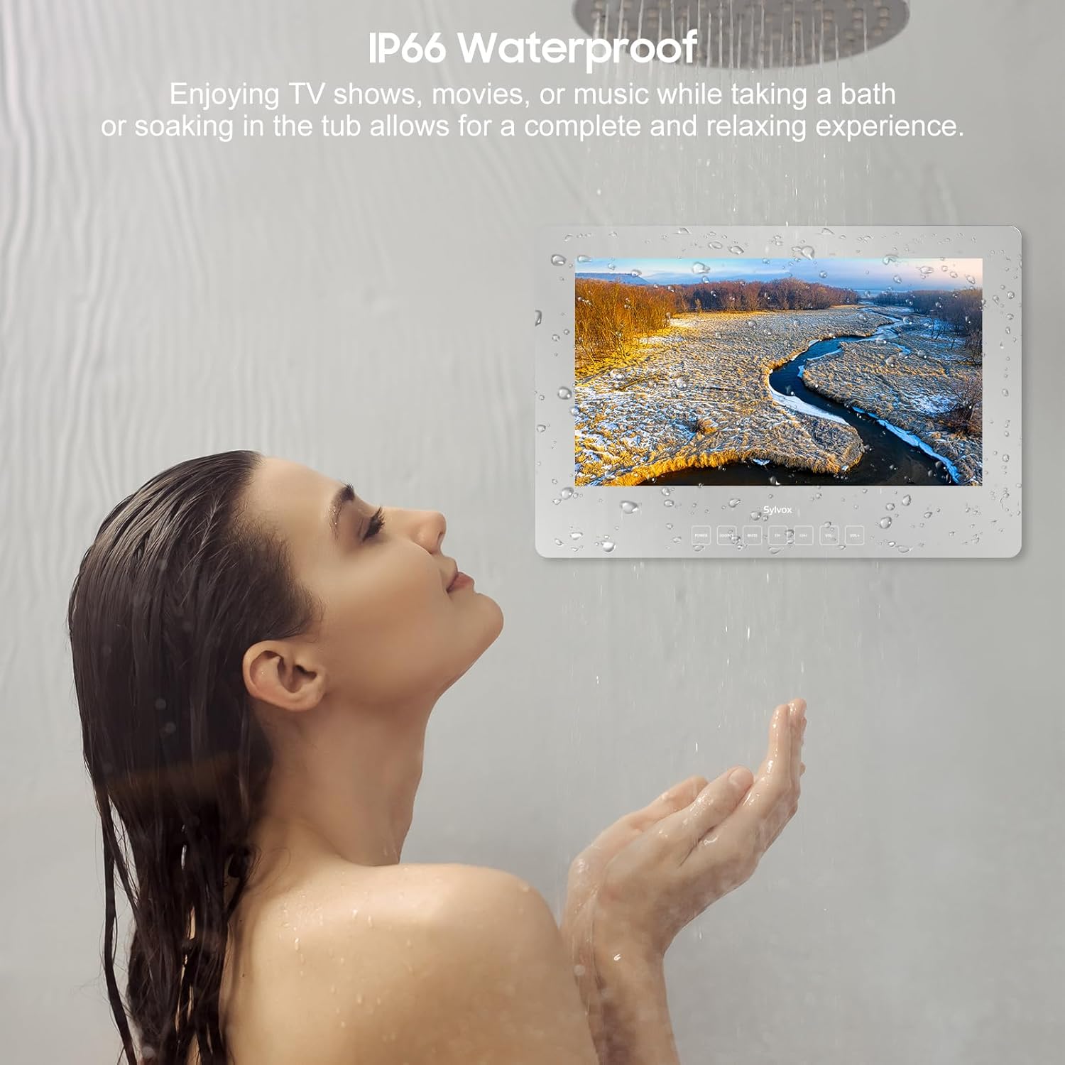 Telewizor łazienkowy SYLVOX, 24-calowy telewizor Smart Mirror do łazienkowego prysznica SPA, Najnowszy system Google, wodoodporny przycisk dotykowy 1080P IP66 WiFi Bluetooth Google Assistant, Smart TV do wilgotnego środowiska wewnętrznego
