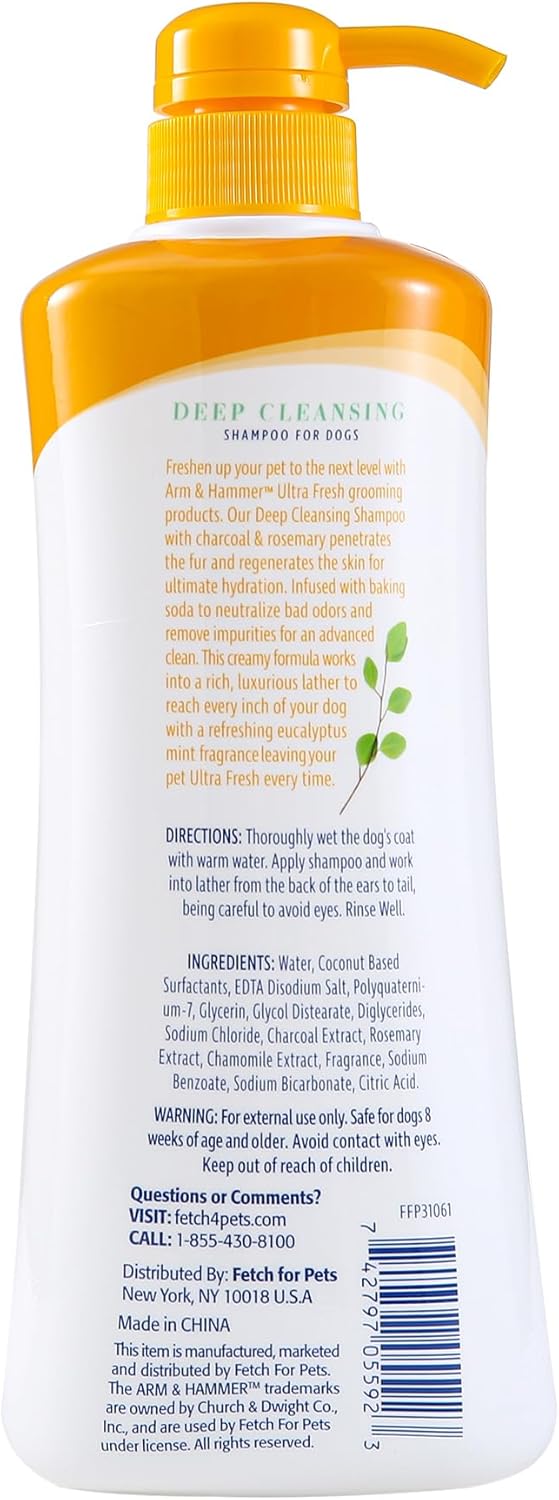 Arm Hammer for Pets แชมพูทำความสะอาดสุนัขแบบล้ำลึก Ultra Fresh ผสมชาร์โคลและโรสแมรี่ ขนาดคุ้ม 24 ออนซ์ | ผลิตภัณฑ์อาบน้ำและตัดแต่งขนสุนัขที่มีกลิ่นหอม น้ำยาอาบน้ำสุนัข แชมพูลูกสุนัข แชมพูสัตว์เลี้ยง