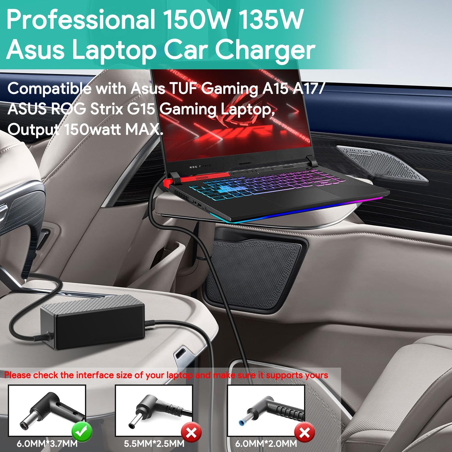 HKY 150W 120W Laptop Car Charger for Asus ROG Strix G15-G513IH G15-G512LI GL531GT G531GT G512LI, Asus TUF Gaming A15-FA506 A17-FA706 FX505GT FX705GT ADP-150CH B A18-150P1A DC Adapter Power Supply Cord · v7