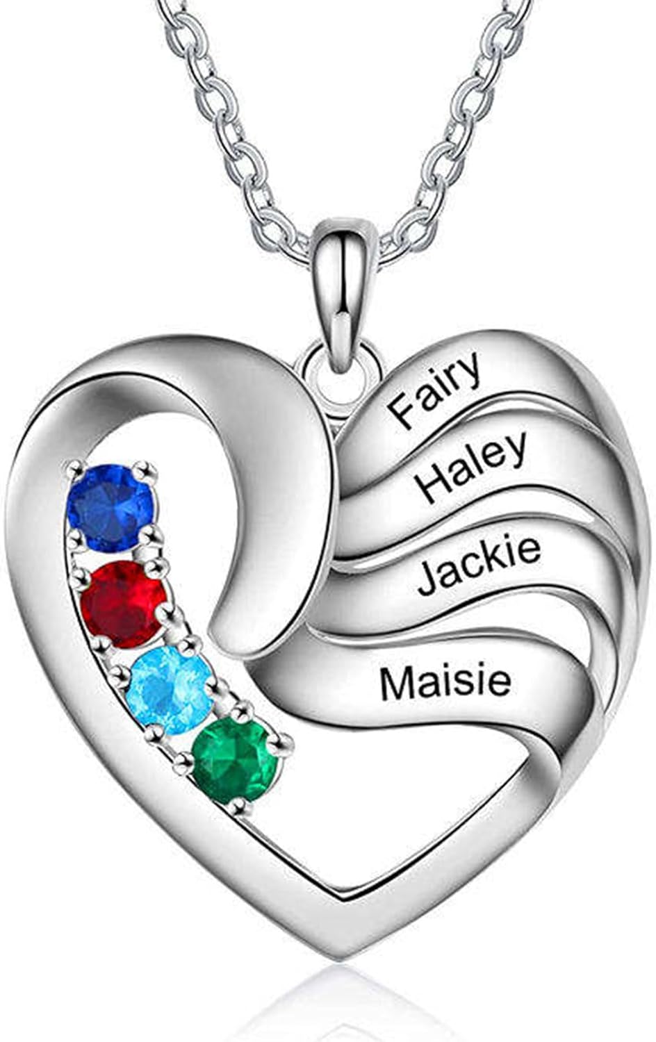 MRENITE Heart Birthstone Necklace,Solid Gold Custom Heart 2-5 Family Birthstone Necklace for Women, Any Names Necklace Jewelry Gift for Birthday Christmas Thanksgiving Day · v2