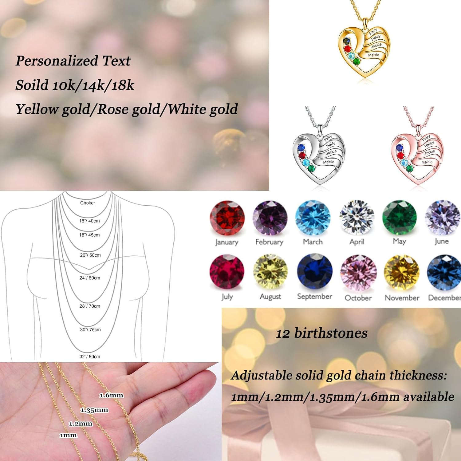 MRENITE Heart Birthstone Necklace,Solid Gold Custom Heart 2-5 Family Birthstone Necklace for Women, Any Names Necklace Jewelry Gift for Birthday Christmas Thanksgiving Day · v2