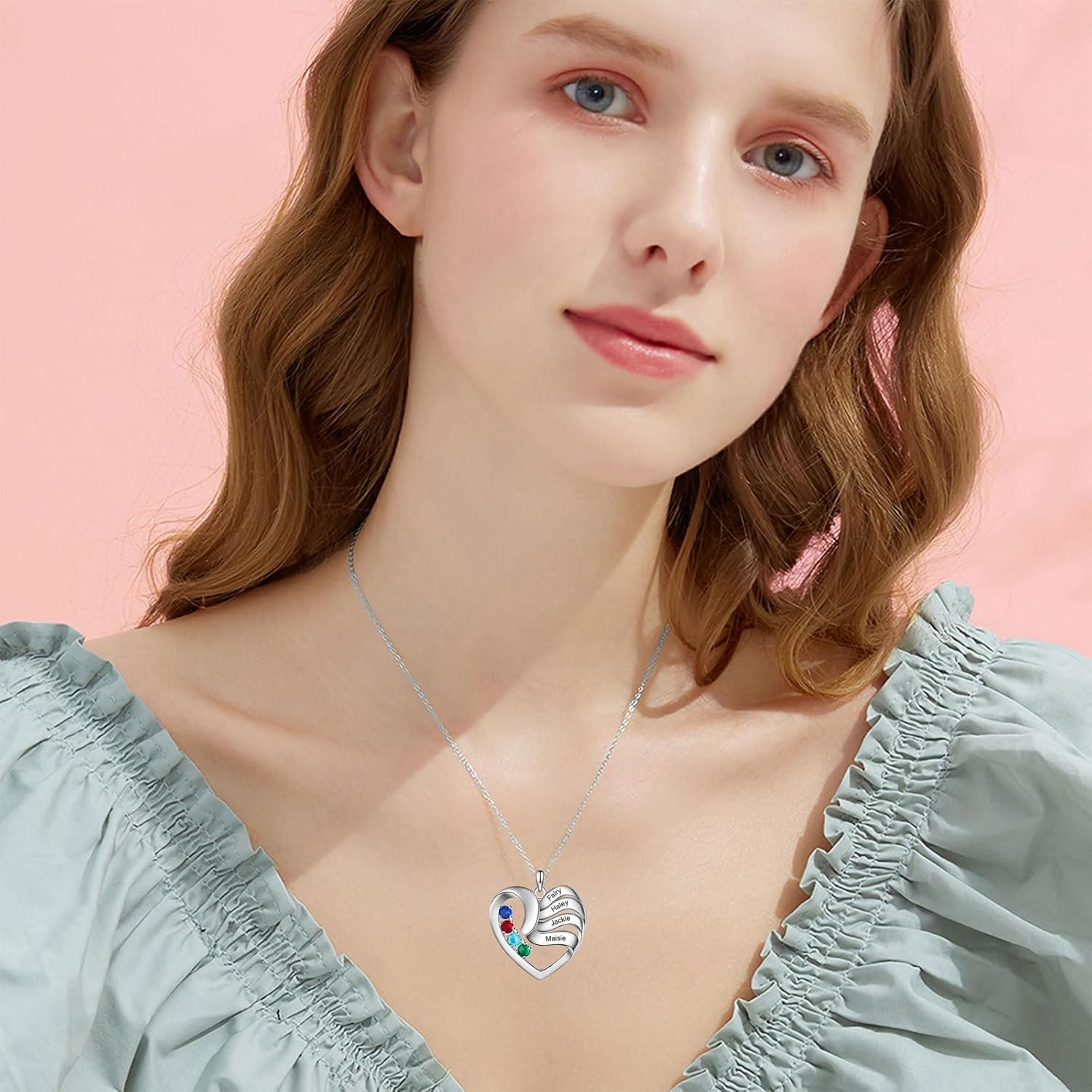 MRENITE Heart Birthstone Necklace,Solid Gold Custom Heart 2-5 Family Birthstone Necklace for Women, Any Names Necklace Jewelry Gift for Birthday Christmas Thanksgiving Day · v2