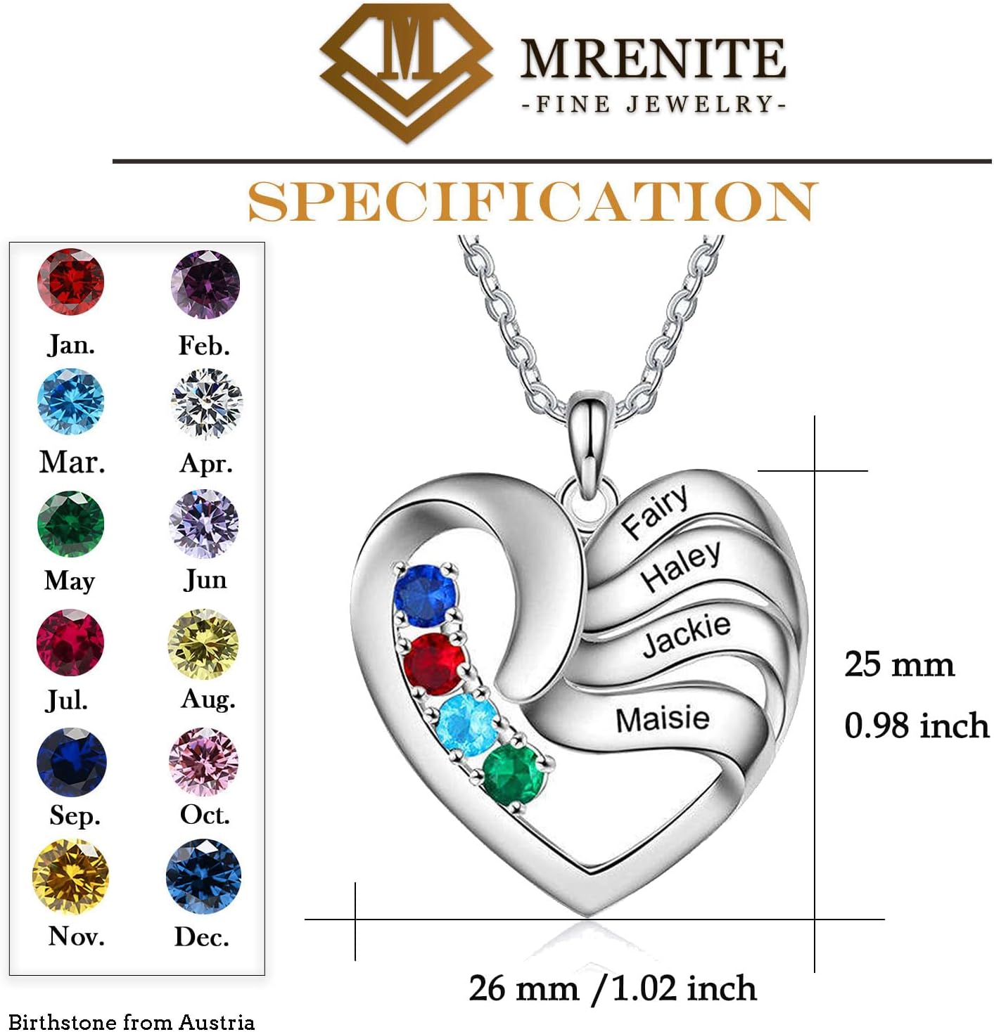 MRENITE Heart Birthstone Necklace,Solid Gold Custom Heart 2-5 Family Birthstone Necklace for Women, Any Names Necklace Jewelry Gift for Birthday Christmas Thanksgiving Day · v2