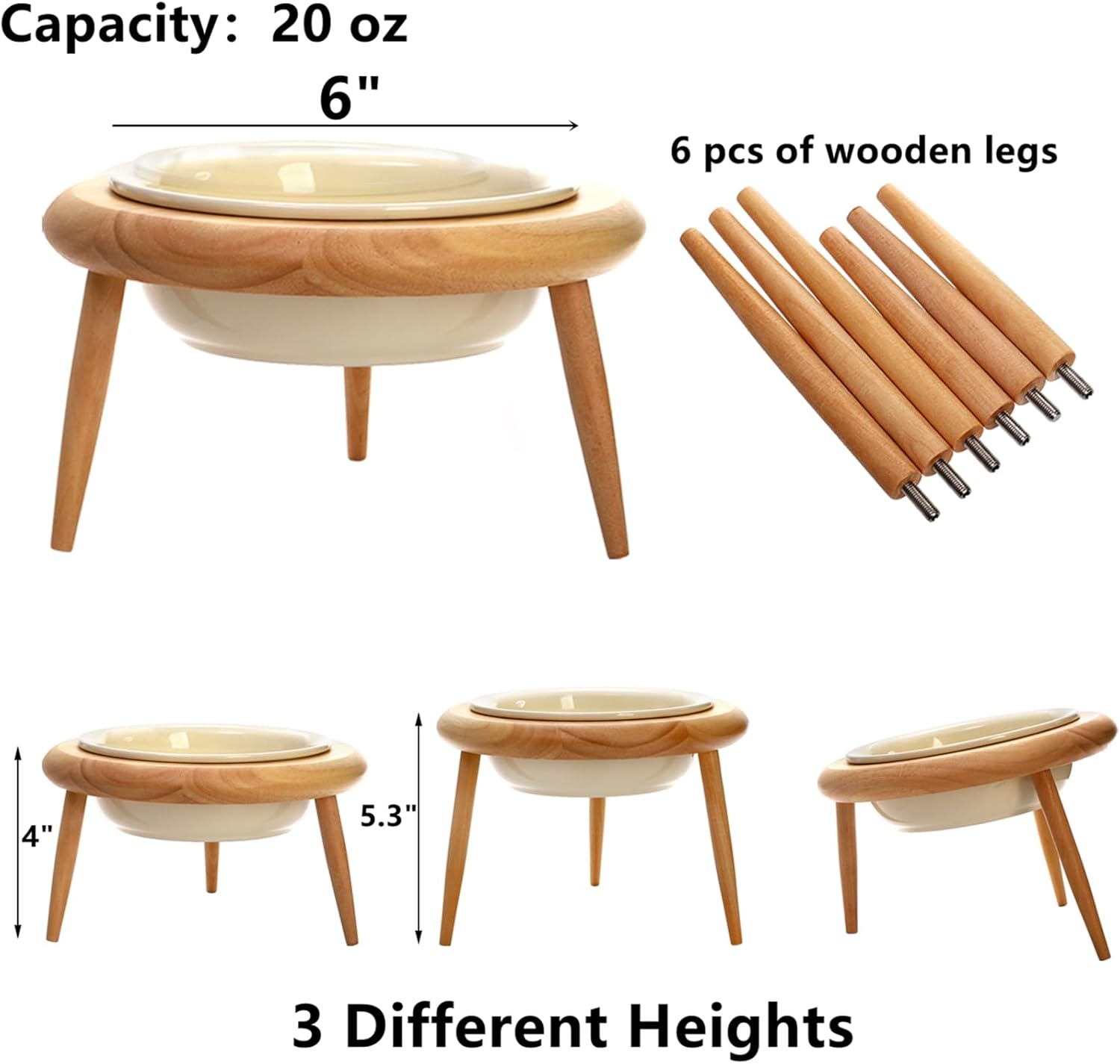 DEAYOU Ceramic Cat Bowl Adjustable, Tilted Elevated Raised Pet Dish, No Spill Pet Food Water Feeder, Slanted Dog Bowl with Wood Stand for Kitty, Pet Supplies, Stress Free, 600 ML/20 OZ, Cream White · v12