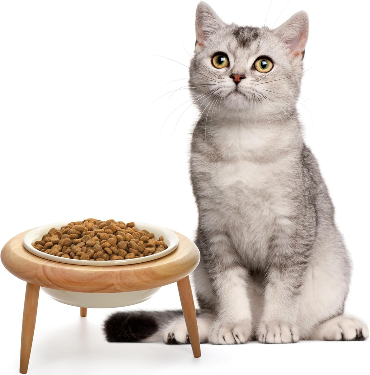 DEAYOU Ceramic Cat Bowl Adjustable, Tilted Elevated Raised Pet Dish, No Spill Pet Food Water Feeder, Slanted Dog Bowl with Wood Stand for Kitty, Pet Supplies, Stress Free, 600 ML/20 OZ, Cream White · v12