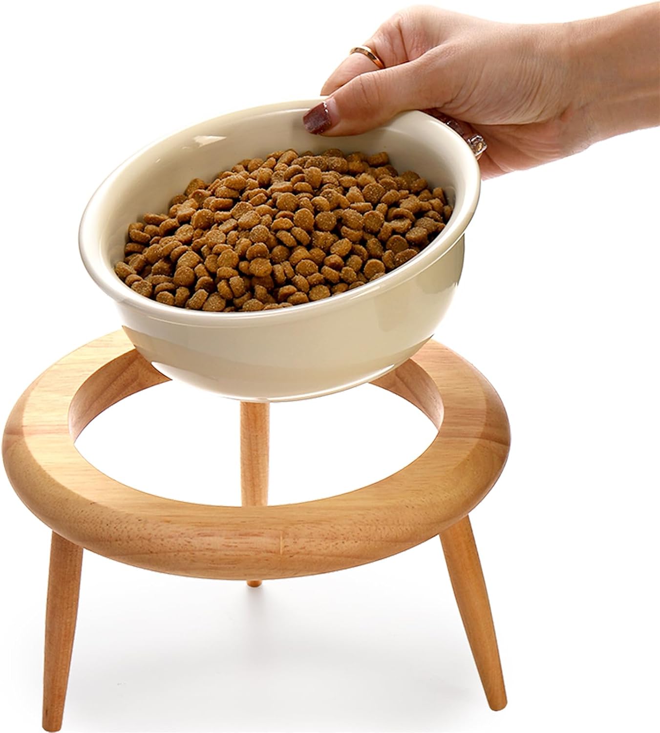 DEAYOU Ceramic Cat Bowl Adjustable, Tilted Elevated Raised Pet Dish, No Spill Pet Food Water Feeder, Slanted Dog Bowl with Wood Stand for Kitty, Pet Supplies, Stress Free, 600 ML/20 OZ, Cream White · v12