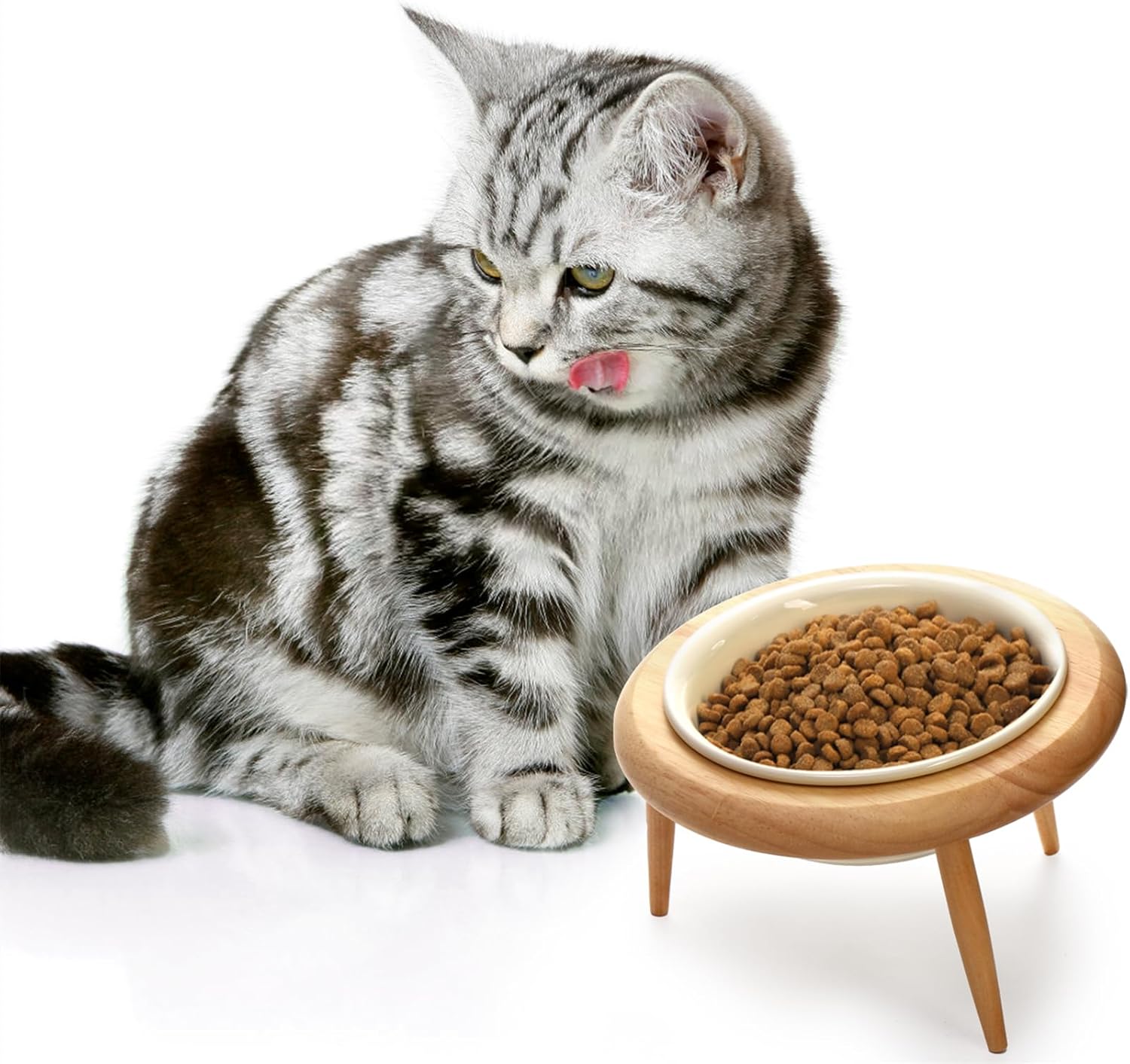 DEAYOU Ceramic Cat Bowl Adjustable, Tilted Elevated Raised Pet Dish, No Spill Pet Food Water Feeder, Slanted Dog Bowl with Wood Stand for Kitty, Pet Supplies, Stress Free, 600 ML/20 OZ, Cream White · v12
