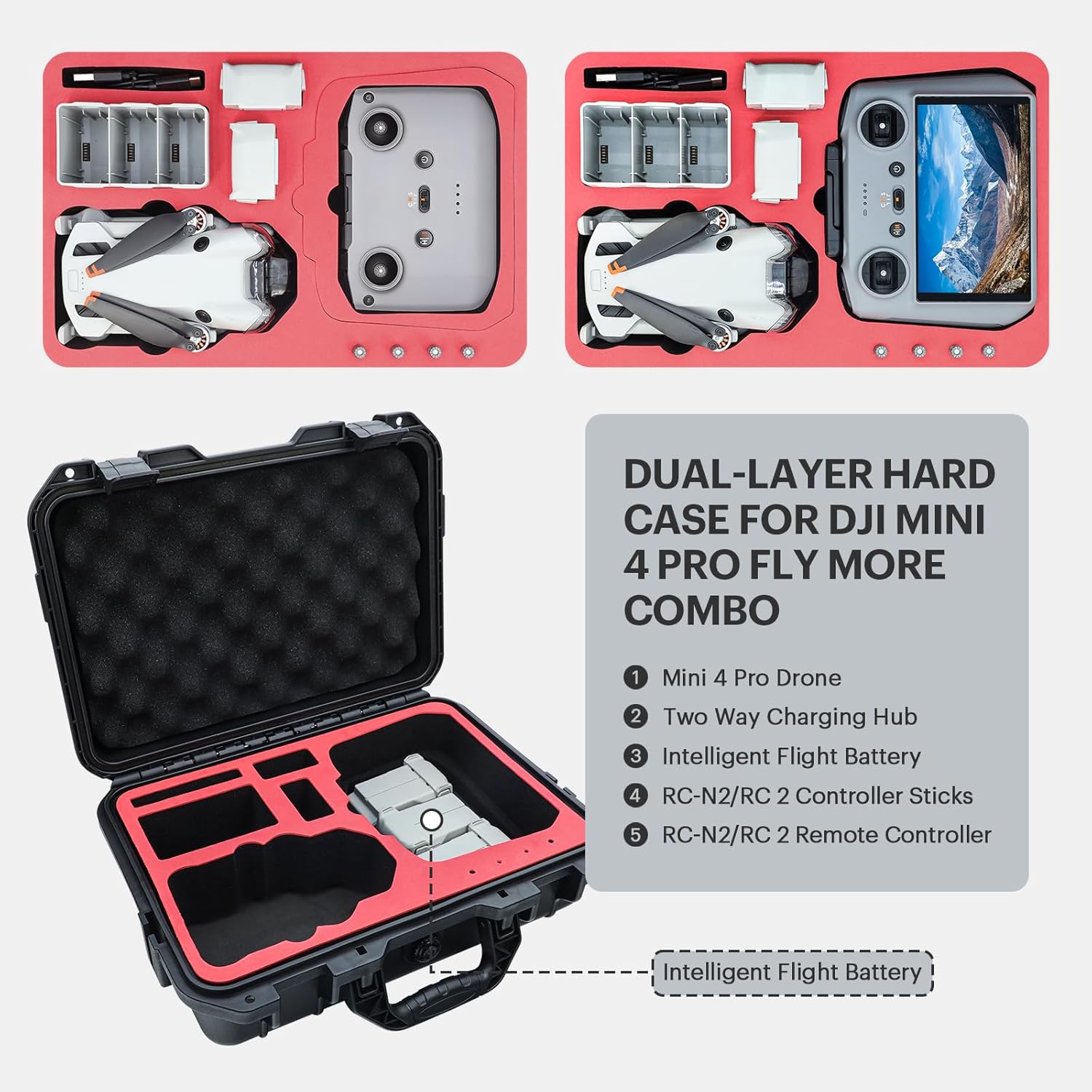 Custodia rigida da trasporto Mini 4 Pro per drone DJI Mini 4 Pro/Mini 3 Pro Fly More Combo Plus con controller DJI RC 2/RC-N2, custodia impermeabile portatile per 6 batterie, filtri ND e accessori