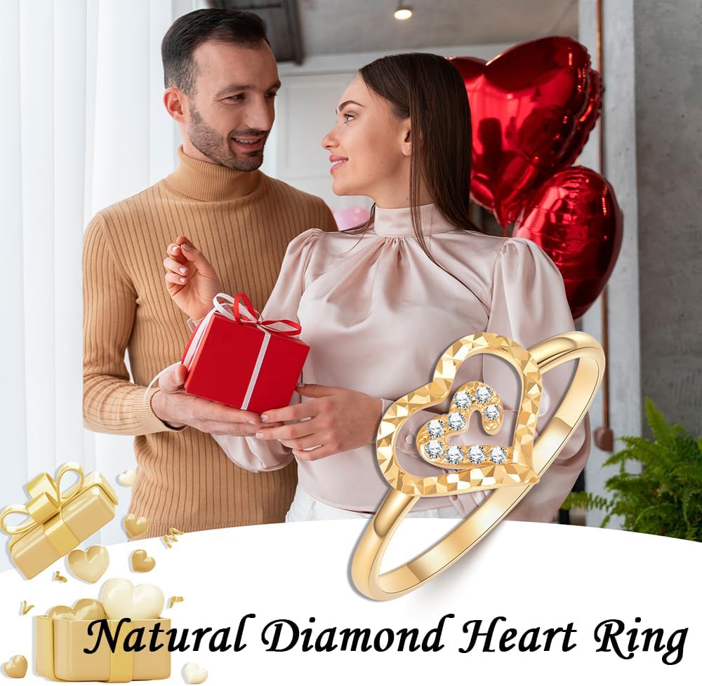 Silwan Liebesherz-Ring aus 14-karätigem Gelbgold mit Diamanten für Damen, Verlobungsringe aus massivem Gold mit zwei herzförmigen Diamanten, edler Schmuck, Geschenke für ihre Mutter, Ehefrau, Freundin