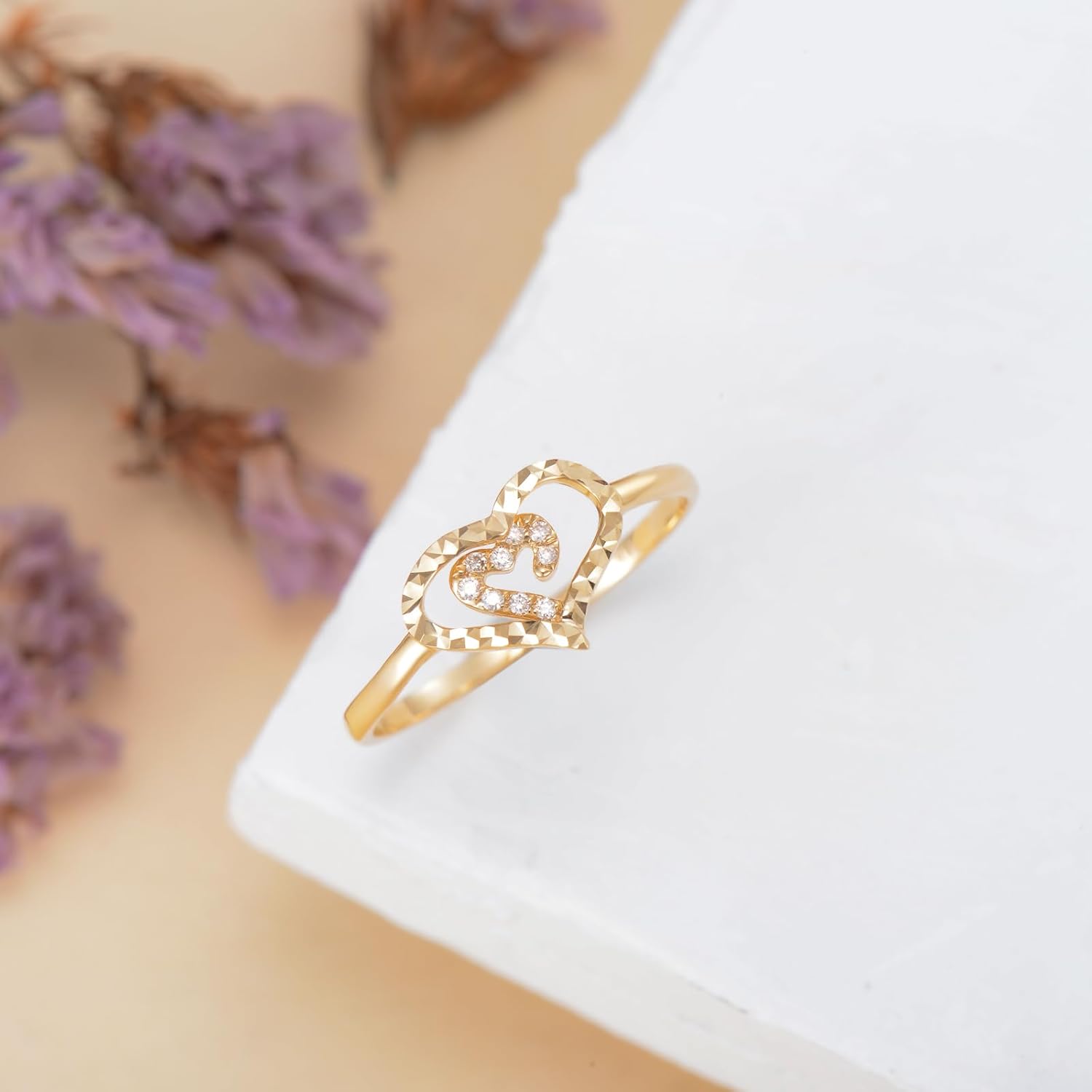 Silwan Liebesherz-Ring aus 14-karätigem Gelbgold mit Diamanten für Damen, Verlobungsringe aus massivem Gold mit zwei herzförmigen Diamanten, edler Schmuck, Geschenke für ihre Mutter, Ehefrau, Freundin