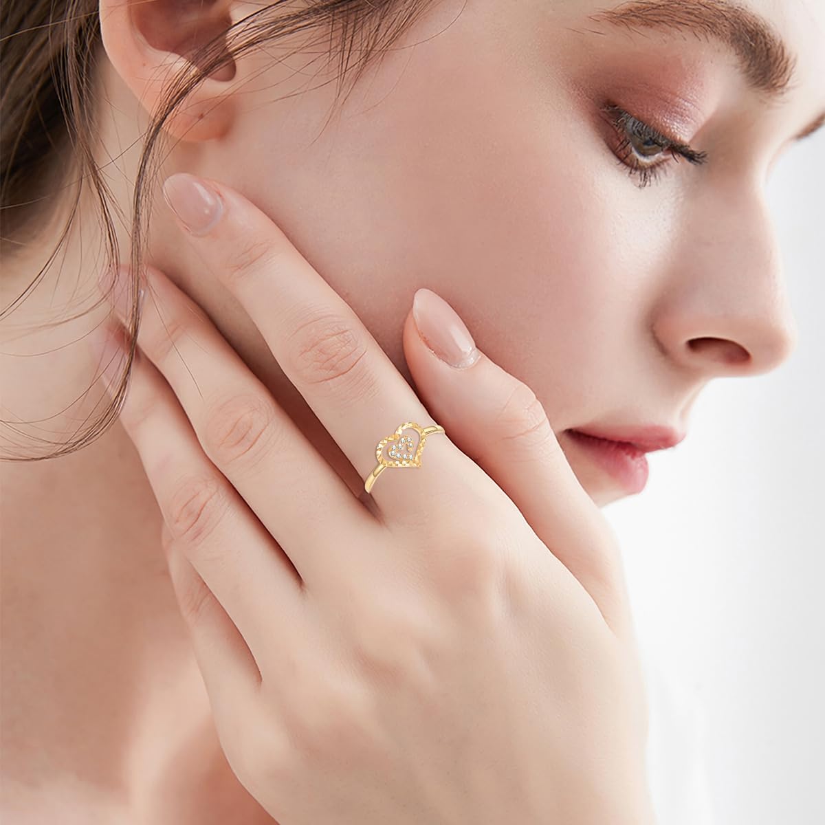 Silwan Liebesherz-Ring aus 14-karätigem Gelbgold mit Diamanten für Damen, Verlobungsringe aus massivem Gold mit zwei herzförmigen Diamanten, edler Schmuck, Geschenke für ihre Mutter, Ehefrau, Freundin