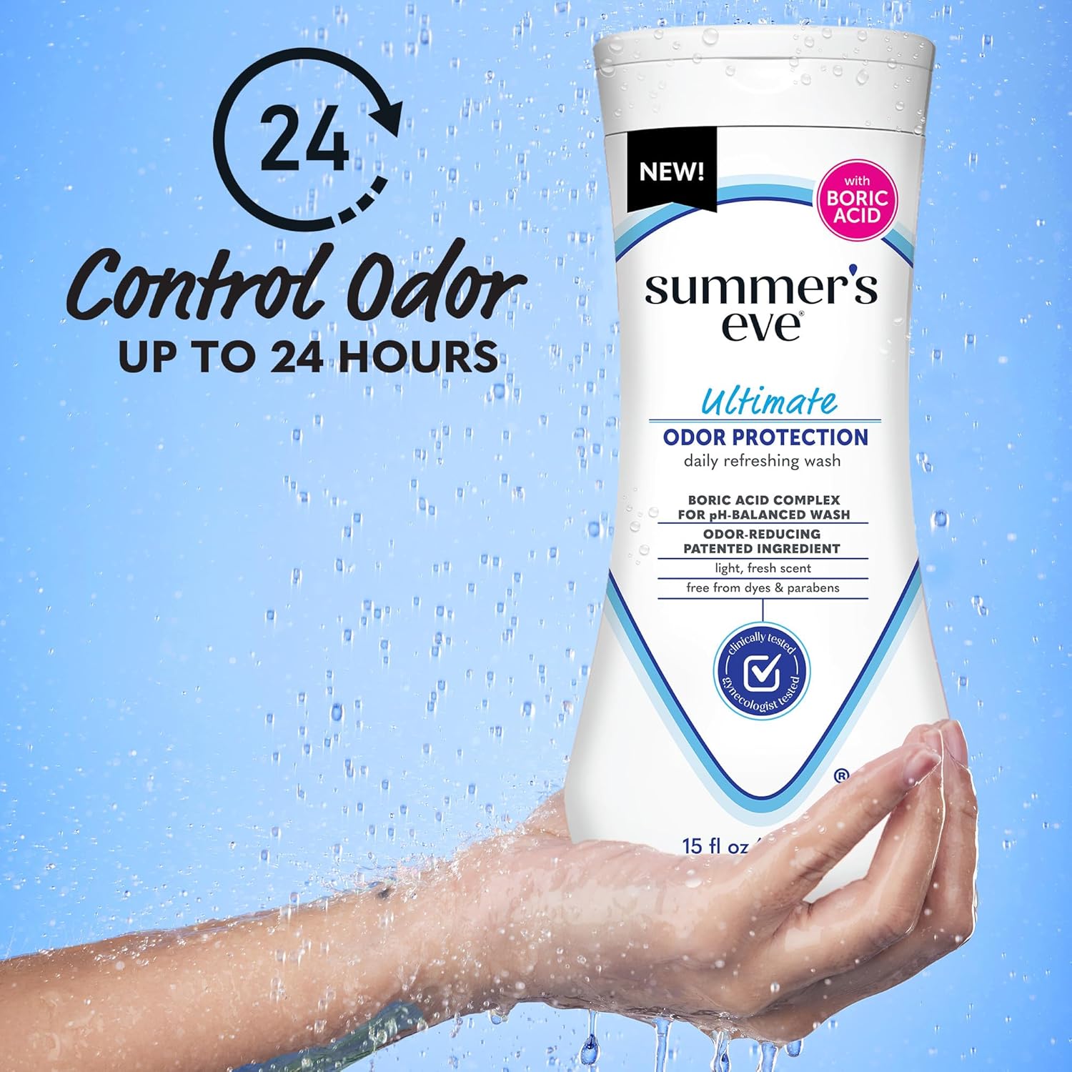 Summers Eve, Ultimate Odor Control, Feminine Body Wash with Boric Acid, Removes Odor, Feminine Wash with pH Balance, 15 Fl Oz
