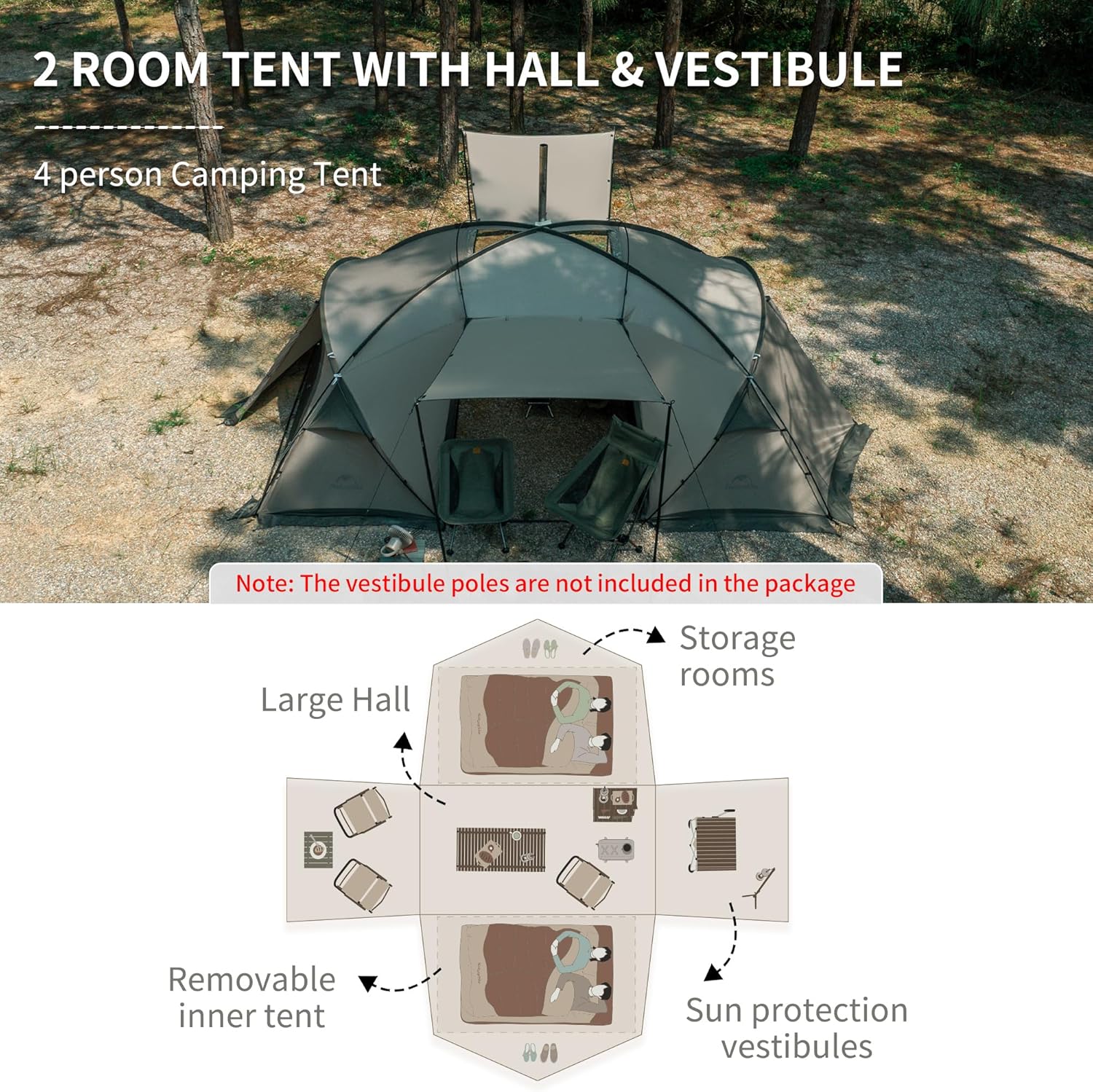 Naturehike Massif Hot Tent with Stove Jack, 4 Season Tent, 1/2/4/6 Person Camping Tent, UPF50  Waterproof Windproof Winter Tent with Room and Hall · v5