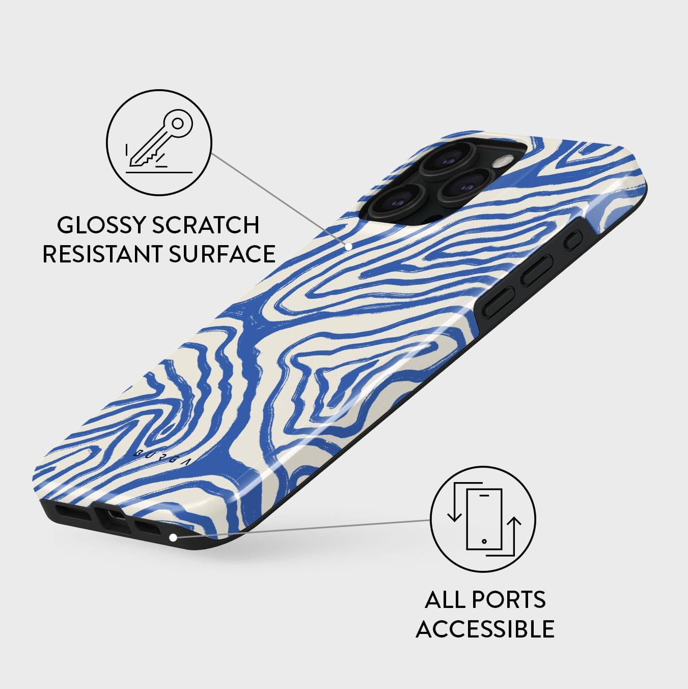 BURGA Phone Case Compatible with iPhone 15 PRO - Hybrid 2-Layer Hard Shell   Silicone Protective Case - Blue Lines Ocean Waves - Scratch-Resistant Shockproof Cover