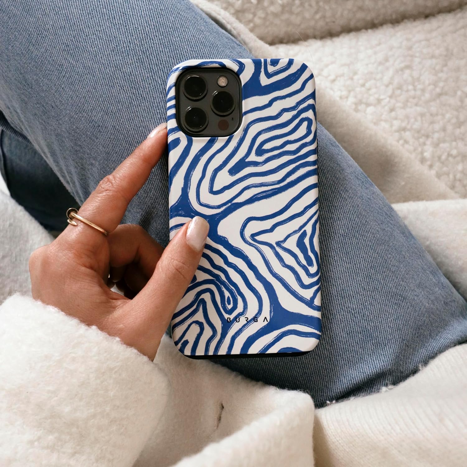 BURGA Phone Case Compatible with iPhone 15 PRO MAX - Hybrid 2-Layer Hard Shell   Silicone Protective Case - Blue Lines Ocean Waves - Scratch-Resistant Shockproof Cover