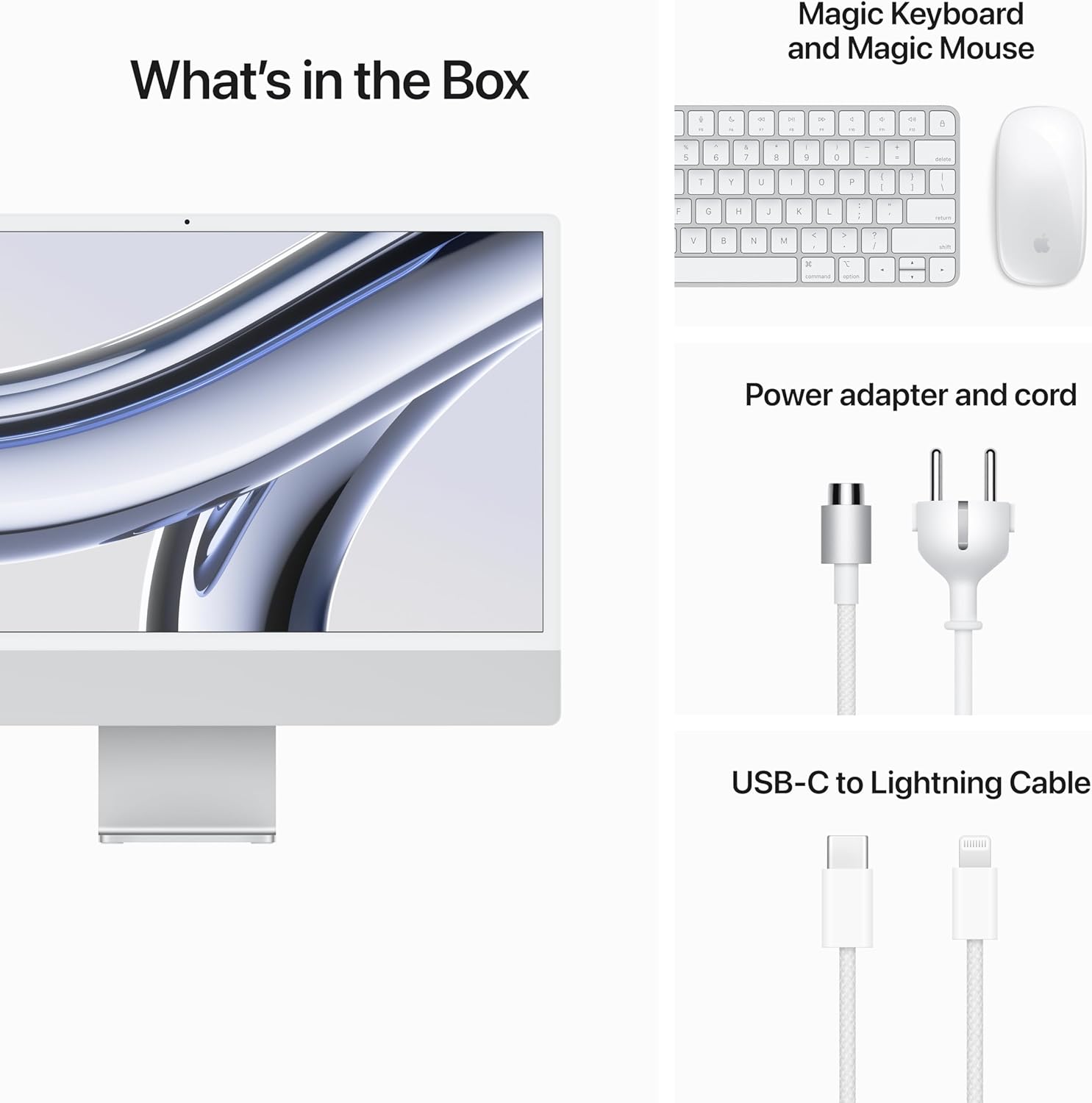 Computer desktop Apple 2023 iMac All-in-One con chip M3: CPU a 8 core, GPU a 8 core, display Retina da 24 pollici, memoria unificata da 8 GB, memoria SSD da 256 GB, accessori corrispondenti. Funziona con iPhone/iPad; Silver