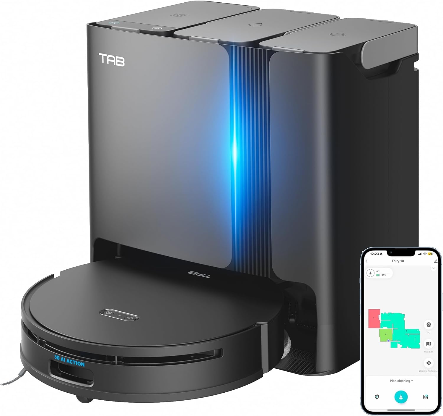 TAB Fairy10 Saug- und Wischroboter-Kombination mit 6000 Pa Saugleistung, versteckter LiDAR-Navigation, selbsttrocknend, automatisches Entleeren, 15 mm großer Doppelwischer mit automatischem Lift, automatisches Wischwaschen, Hindernisvermeidung, Selbstreinigung