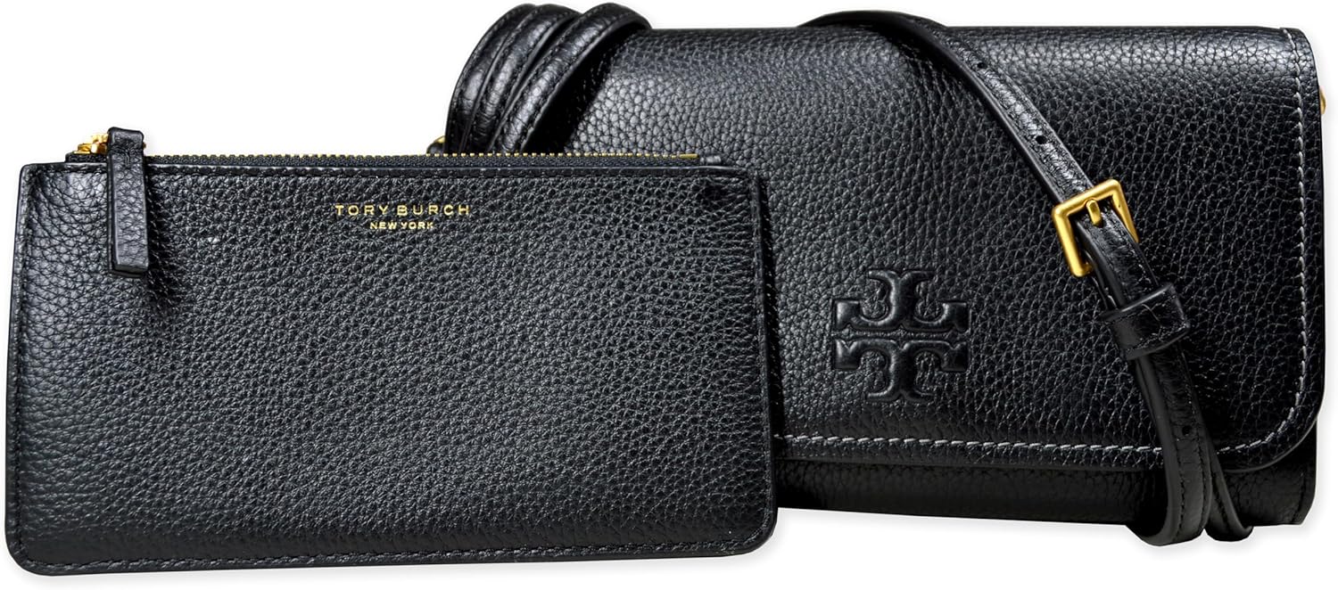 Tory Burch Womens 146467 Thea Pebbled Leather With Gold-tone Hardware Crossbody Bag With Flat Wallet (Black)