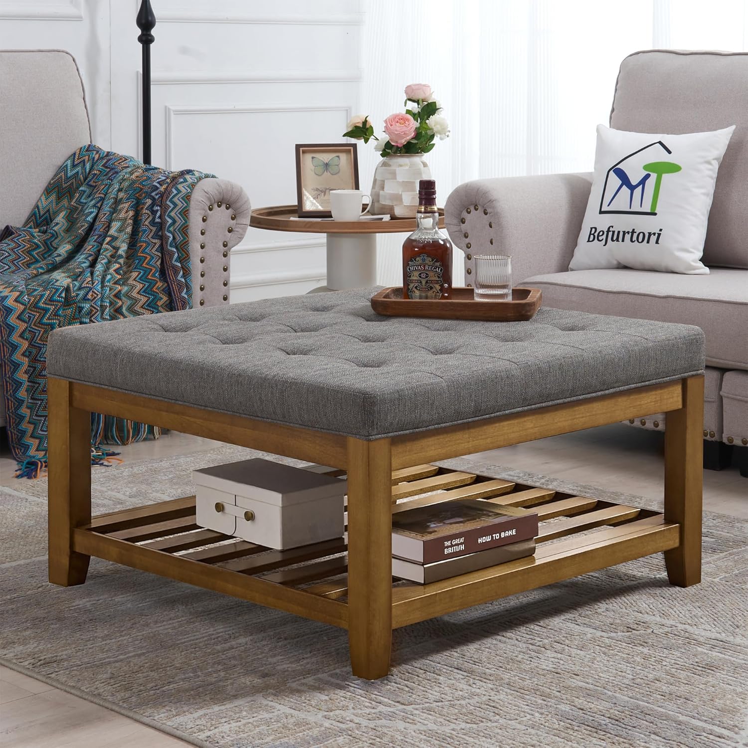 Upholstered Coffee Table Tufted Linen Large Square Ottoman with Beech Wood Shelf and Frame, Oversized Footrest Ottoman for Living Room, Granite · v2