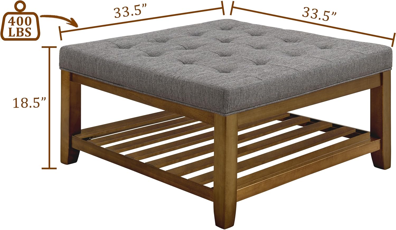 Upholstered Coffee Table Tufted Linen Large Square Ottoman with Beech Wood Shelf and Frame, Oversized Footrest Ottoman for Living Room, Granite · v2