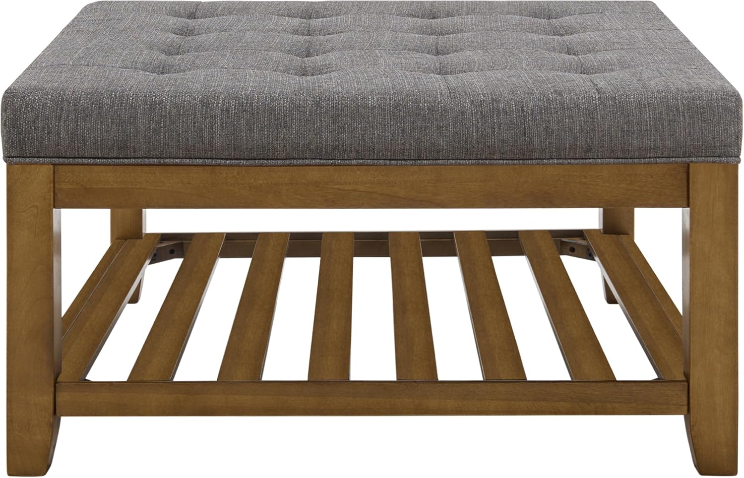 Upholstered Coffee Table Tufted Linen Large Square Ottoman with Beech Wood Shelf and Frame, Oversized Footrest Ottoman for Living Room, Granite · v2