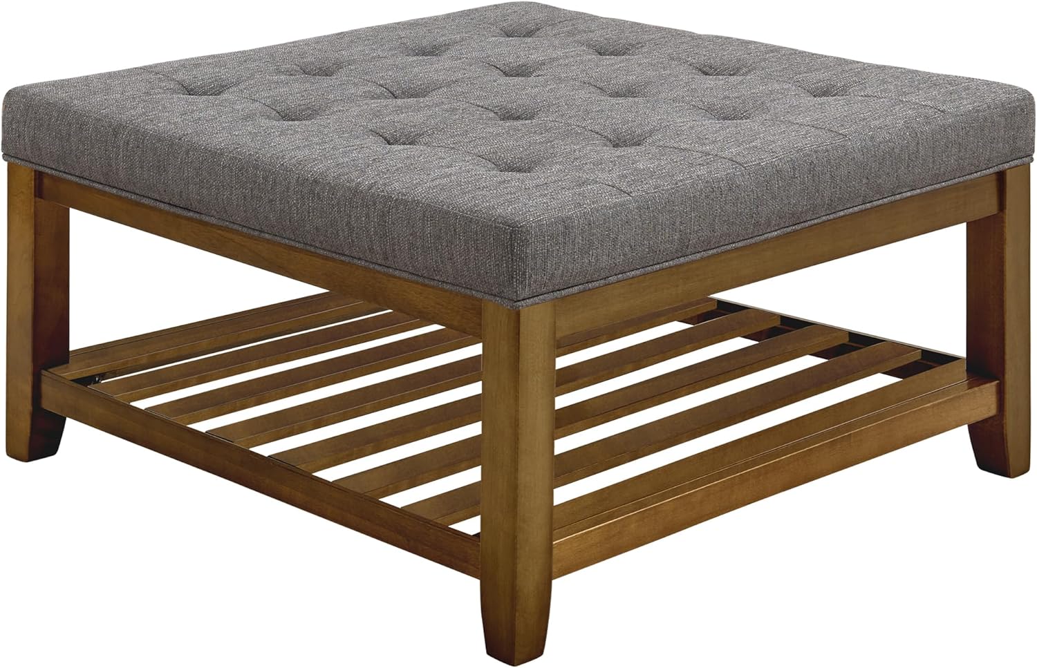 Upholstered Coffee Table Tufted Linen Large Square Ottoman with Beech Wood Shelf and Frame, Oversized Footrest Ottoman for Living Room, Granite · v2