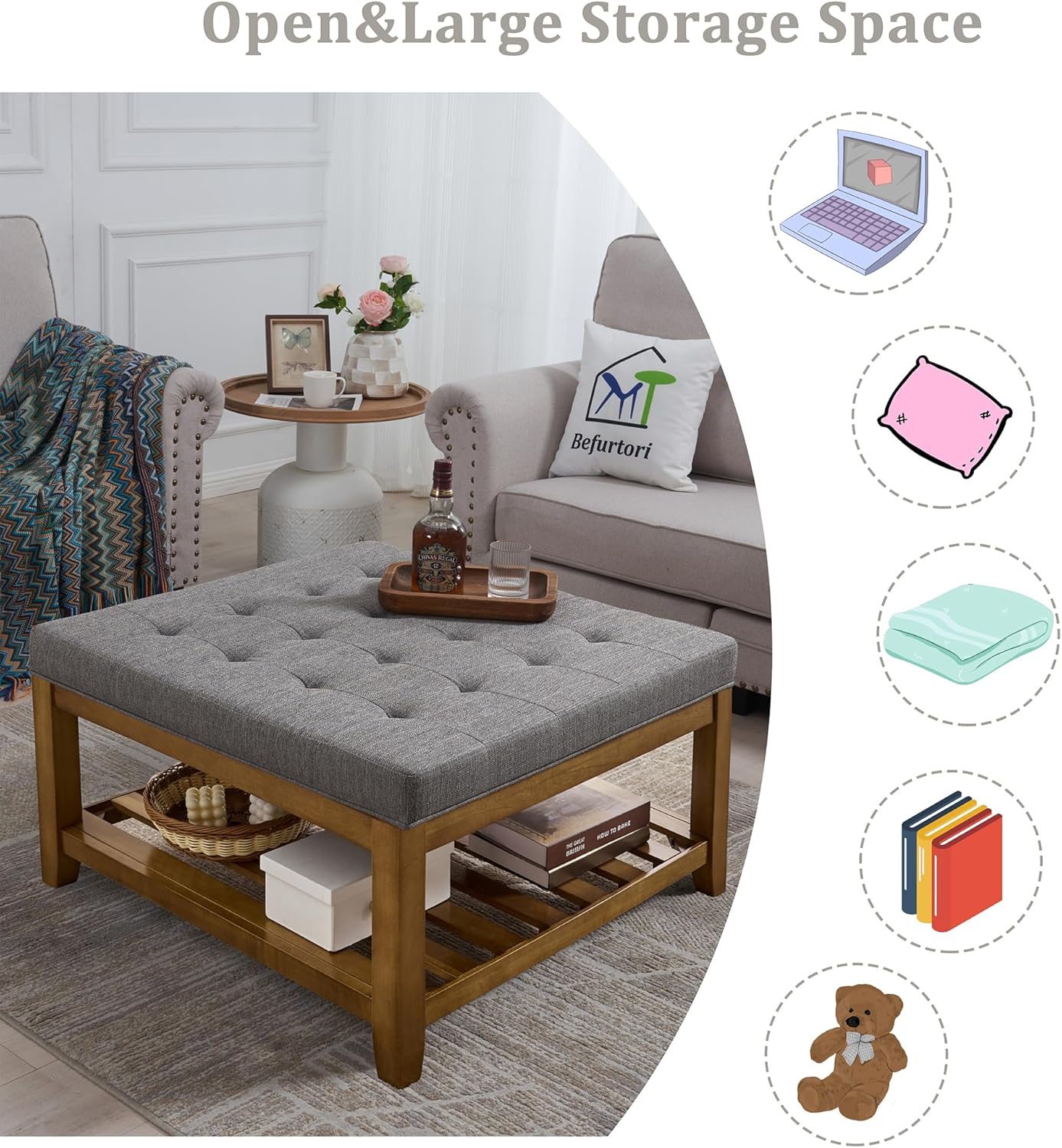 Upholstered Coffee Table Tufted Linen Large Square Ottoman with Beech Wood Shelf and Frame, Oversized Footrest Ottoman for Living Room, Granite · v2