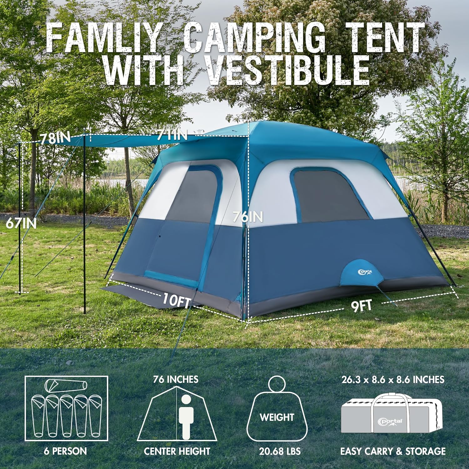 PORTAL 6 Person Camping Tent with Porch, Family Cabin Tent with Spacious Space, Water Resistant, Excellent Ventilation for Camping Outdoor Party Gathering · v5