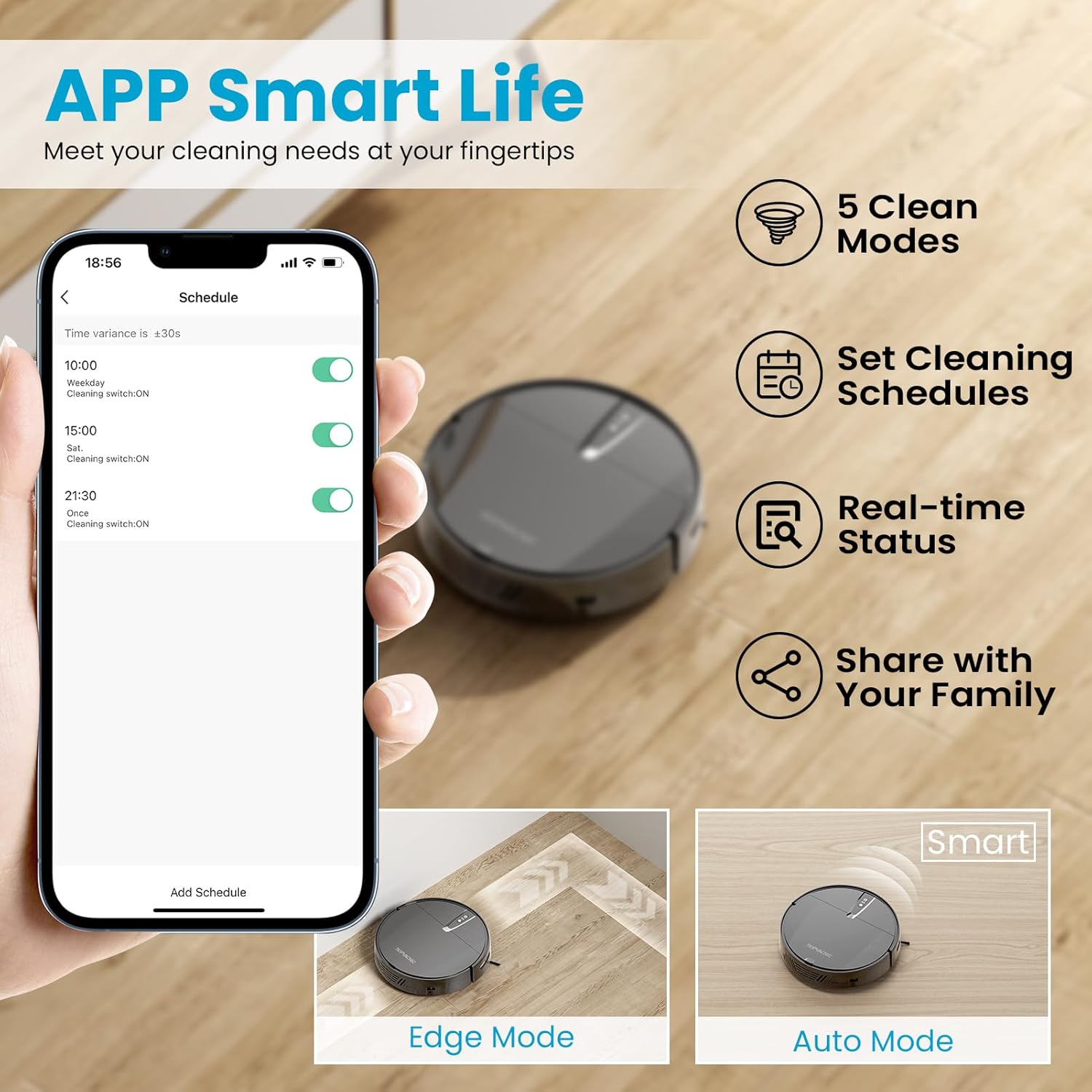 Aspirapolvere robot con aspirazione a ciclone da 3000 Pa, app/voce/telecomando, aspirapolvere robotico a ricarica automatica, pulizia programmata, ideale per peli di animali domestici, pavimento duro
