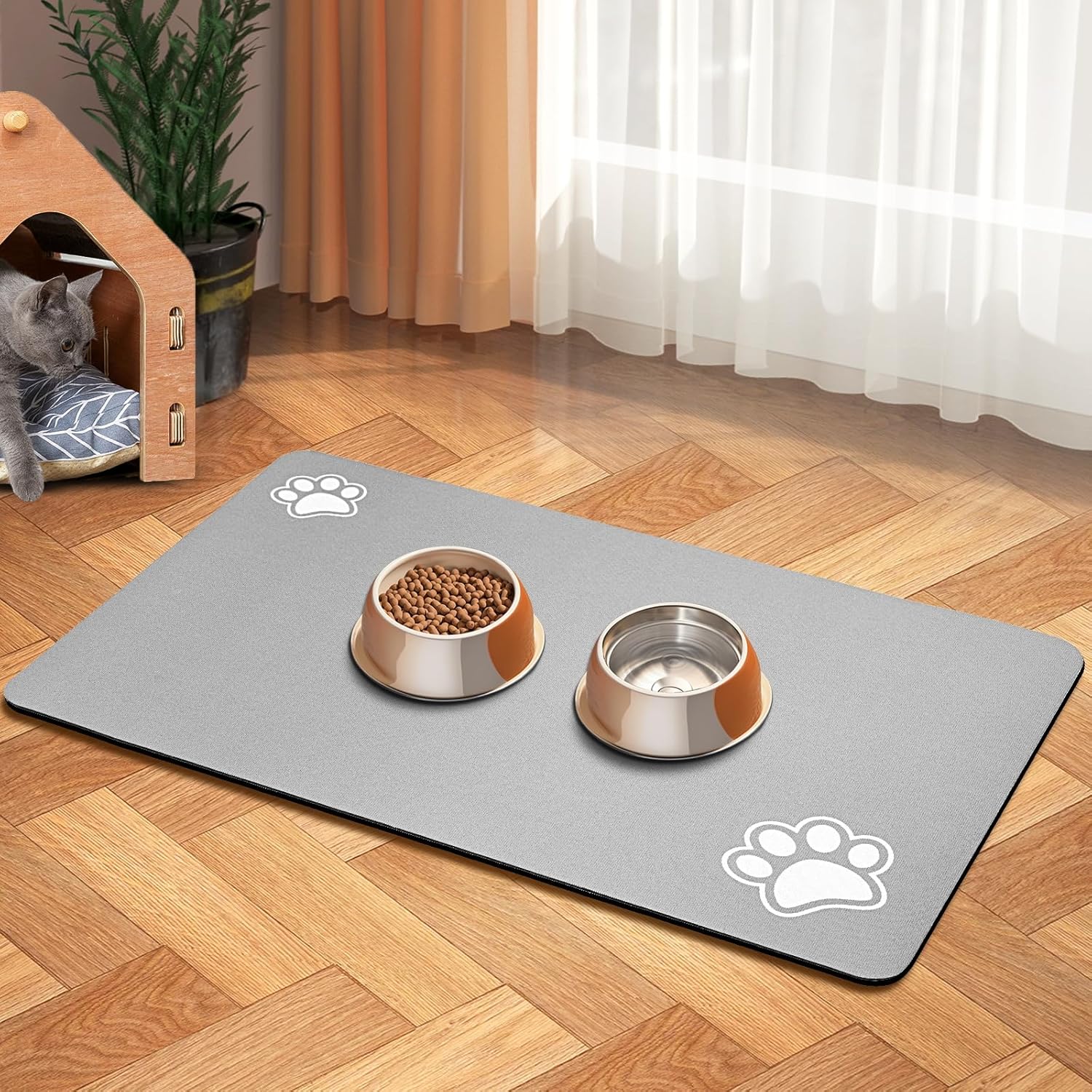 Pet Feeding Mat-Absorbent Dog Mat for Food and Water Bowl-Dog Accessories Pet Supplies-Dog Water Bowl for Messy Drinkers-No Stains Quick Dry Dog Water Dispenser Mat (12x19", Light Grey) · v4