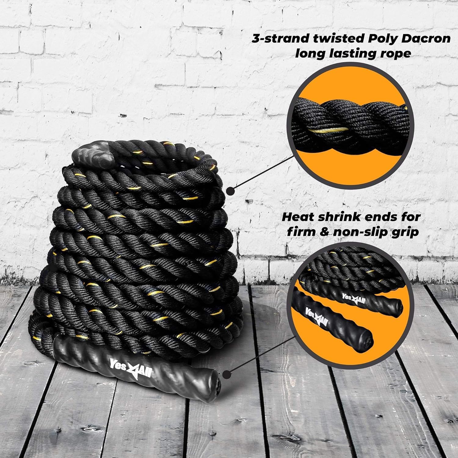 Yes4All 1.5/2 Inch Battle Ropes with Extra Protective Sleeve, Workout Ropes for Cross-Training Home Gym  Fitness Exercises, Strength Training - 30,40,50 Feet Lengths Available