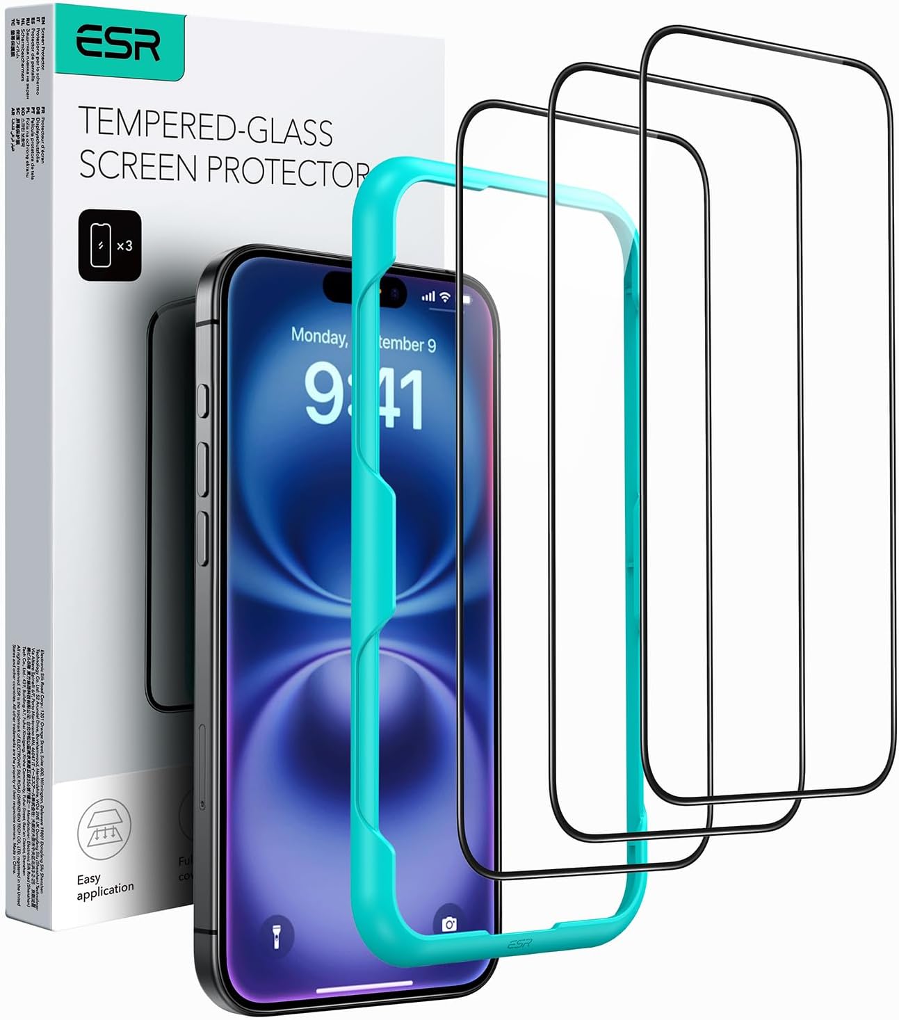 Lot de 3 films de protection d'écran ESR pour iPhone 16 et iPhone 15, [dureté 9H] [Incassable de qualité militaire] Film en verre trempé à couverture complète avec outil d'installation facile, transparent HD, résistant aux rayures