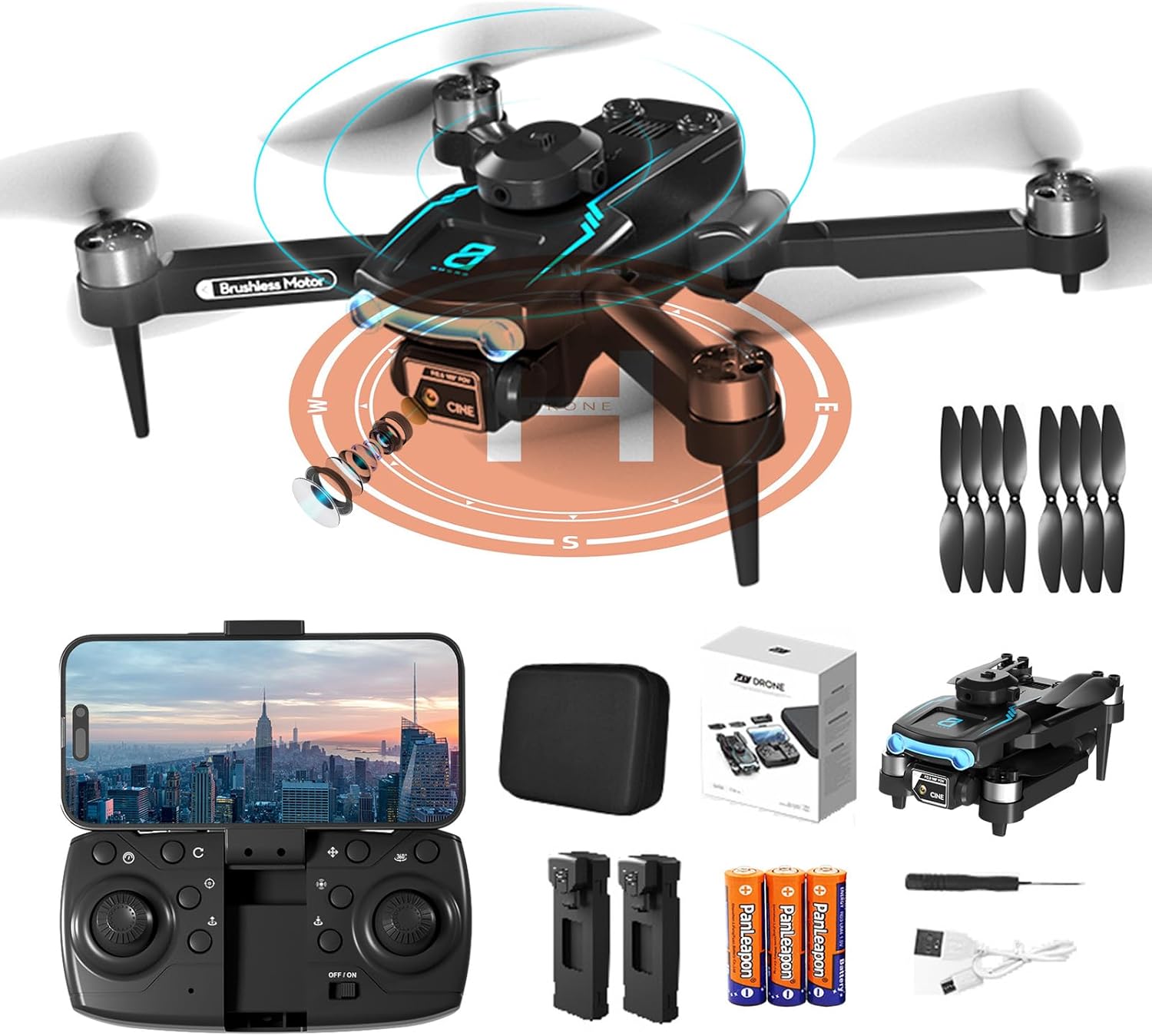 Drone con fotocamera per adulti 1080P HD, mini drone con evitamento degli ostacoli 50 minuti di volo, quadricottero RC pieghevole con motore brushless per principianti, drone con doppia fotocamera di Techwonderz