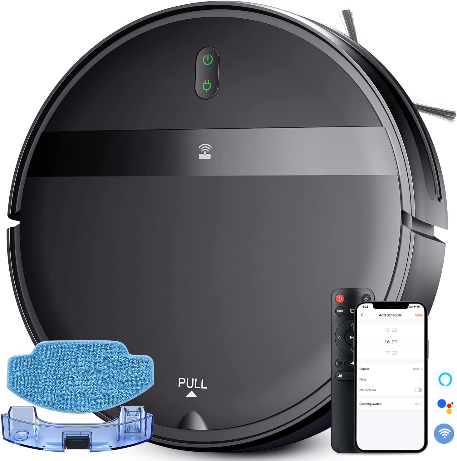 Kombination aus Roboter-Staubsauger und Wischmopp, WiFi/App/Alexa, 2-in-1-Roboter-Staubsauger mit verhedderfreier Zyklonabsaugung, planmäßiger Reinigung, automatischer Wiederaufladung, Roboter-Staubsauger für Tierhaare, niedriger Teppich