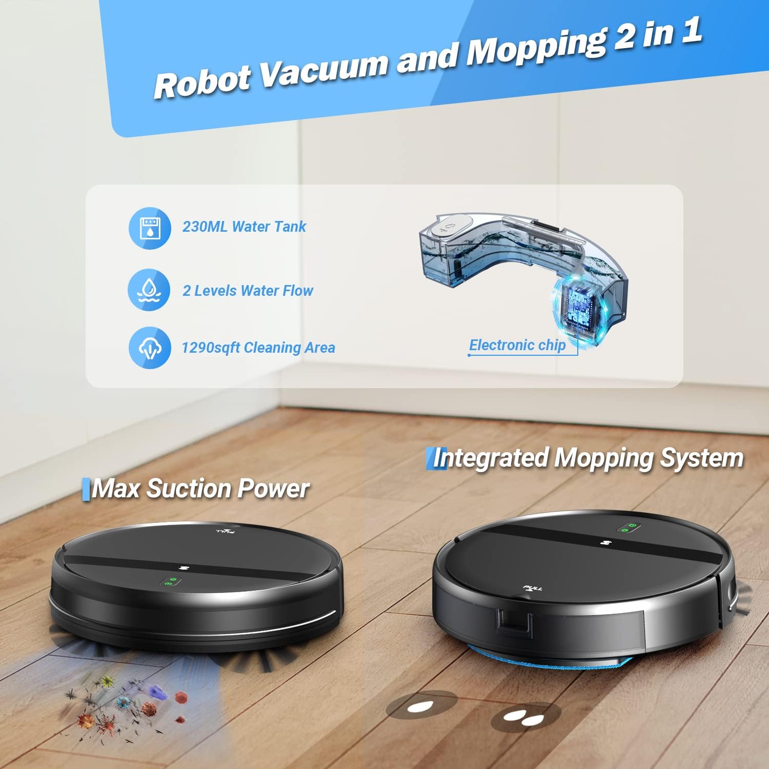 Kombination aus Roboter-Staubsauger und Wischmopp, WiFi/App/Alexa, 2-in-1-Roboter-Staubsauger mit verhedderfreier Zyklonabsaugung, planmäßiger Reinigung, automatischer Wiederaufladung, Roboter-Staubsauger für Tierhaare, niedriger Teppich