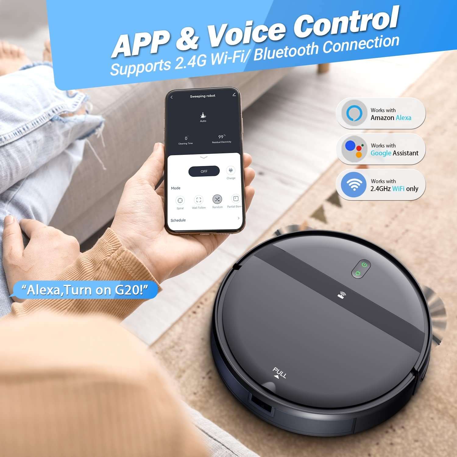 Kombination aus Roboter-Staubsauger und Wischmopp, WiFi/App/Alexa, 2-in-1-Roboter-Staubsauger mit verhedderfreier Zyklonabsaugung, planmäßiger Reinigung, automatischer Wiederaufladung, Roboter-Staubsauger für Tierhaare, niedriger Teppich