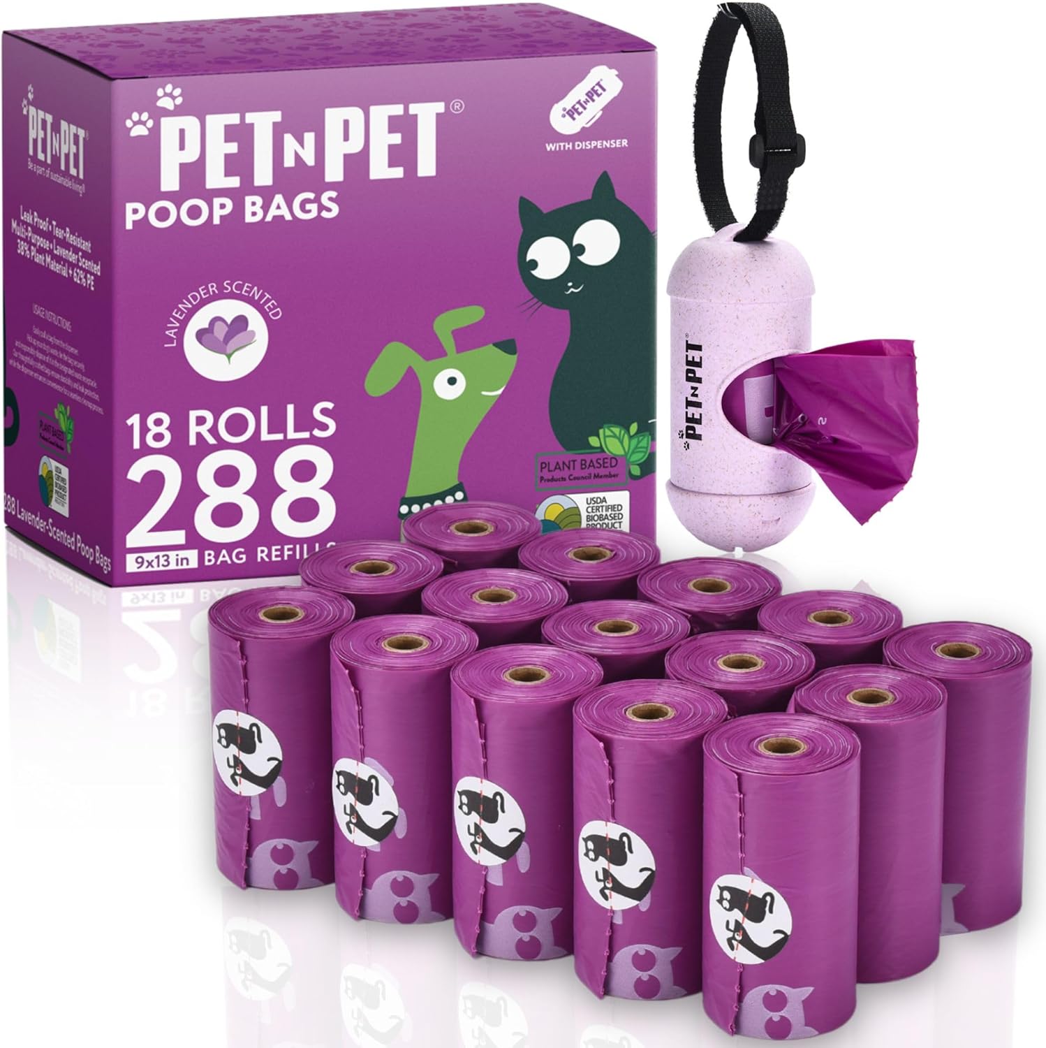 Pet N Pet Poop Bags for Dogs, 288 Counts Lavender Scented Dog Poop Bags with Leash Dispenser, USDA Certified 38% Plant Based  62% PE Dog Waste Bags, Dog Poop Bags Rolls, Scented Dog Bags for Poop · v2
