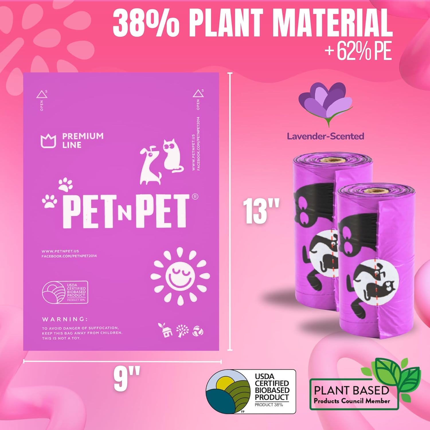Pet N Pet Poop Bags for Dogs, 288 Counts Lavender Scented Dog Poop Bags with Leash Dispenser, USDA Certified 38% Plant Based  62% PE Dog Waste Bags, Dog Poop Bags Rolls, Scented Dog Bags for Poop · v2