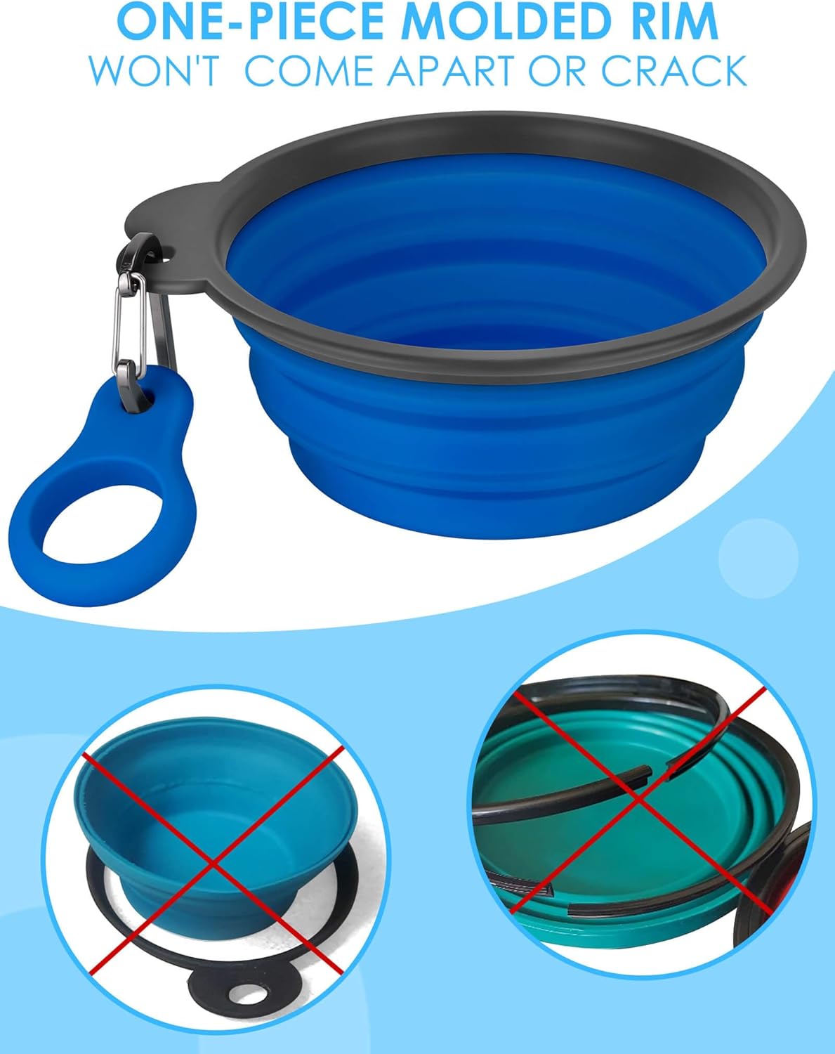 Zusammenklappbare Hundenäpfe von Aonkey mit Flaschenträger, 2er-Pack Reise-Wassernapf für Hunde, verbesserter Karabiner, einteiliger, geformter Rand, kein Herunterfallen oder Reißen, faltbares Silikon, tragbar für Haustiere, Spazierengehen, Wandern, 15 Unzen