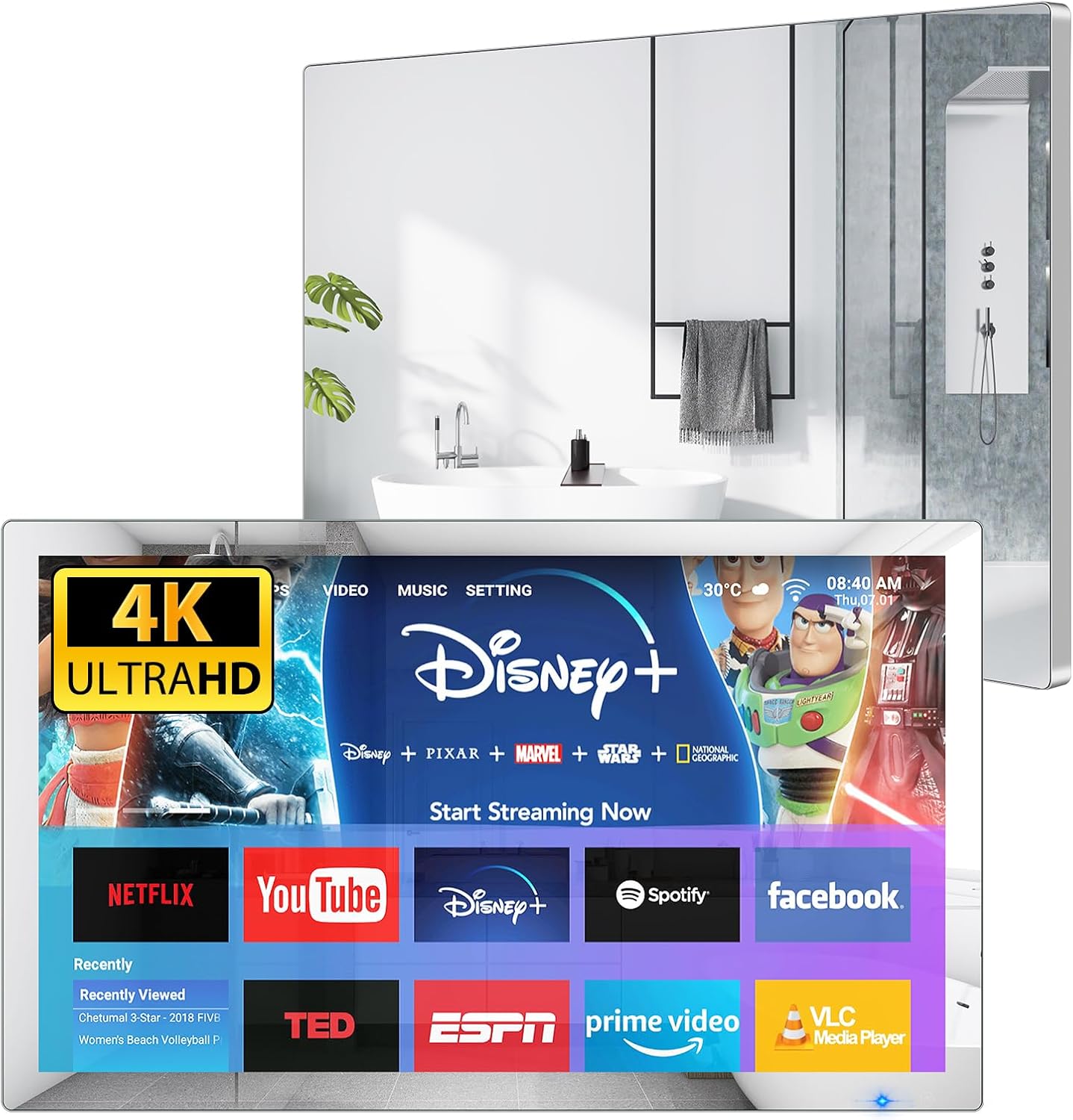 Haocrown 32 Inch Smart Bathroom TV 4K Ultra HD Android TV IP66 Waterproof Smart Mirror TV Google Assistant Built-in with Voice Remote,ATSC Tuner, Suitable for Bathroom Sauna(Silver Frame,2024 Model) · v8