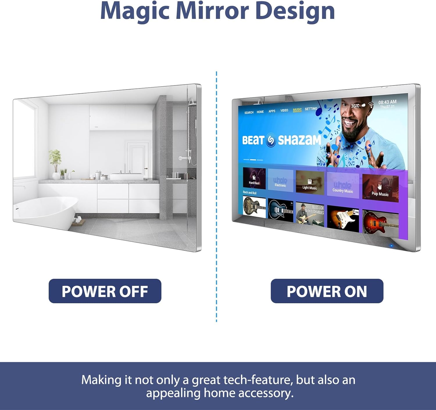 Haocrown 32 Inch Smart Bathroom TV 4K Ultra HD Android TV IP66 Waterproof Smart Mirror TV Google Assistant Built-in with Voice Remote,ATSC Tuner, Suitable for Bathroom Sauna(Silver Frame,2024 Model) · v8