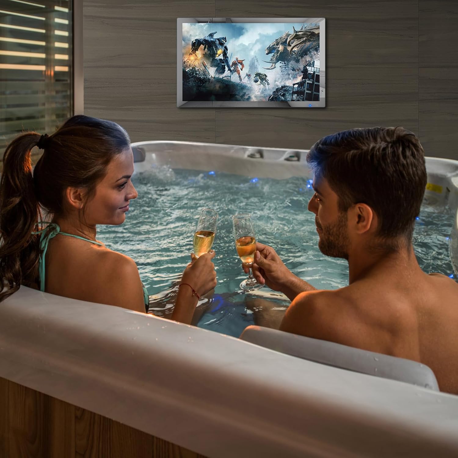 Haocrown 32 Inch Smart Bathroom TV 4K Ultra HD Android TV IP66 Waterproof Smart Mirror TV Google Assistant Built-in with Voice Remote,ATSC Tuner, Suitable for Bathroom Sauna(Silver Frame,2024 Model) · v8