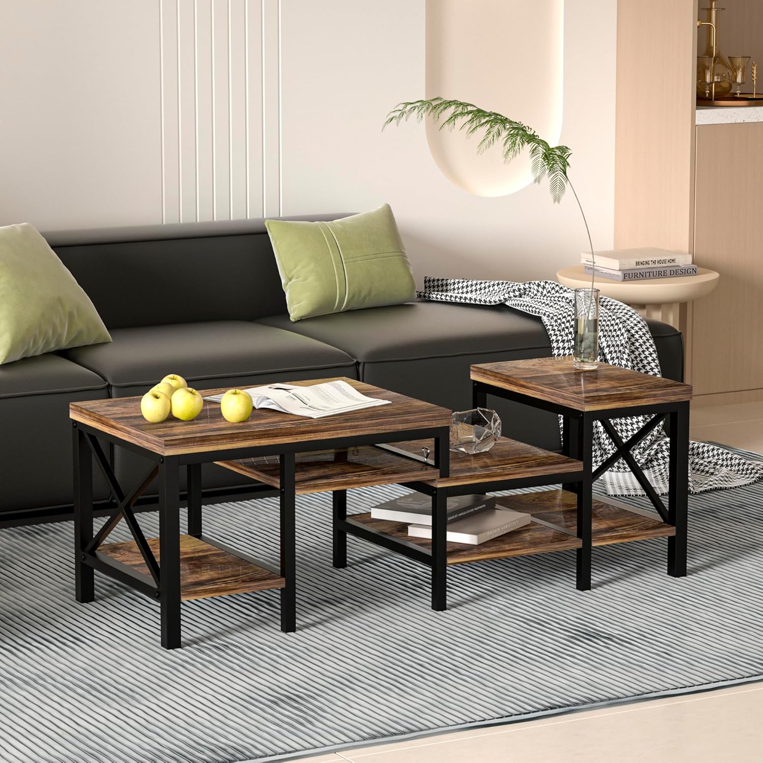GAZHOME Tavolino da caffè deformabile con portaoggetti, tavolino centrale in stile rustico con ripiano portaoggetti, tavolino da 40/55 pollici con divano Farmhouse, tavolino da centro tavolo da 40/55 pollici. Risparmio di spazio e facile montaggio, marrone retrò