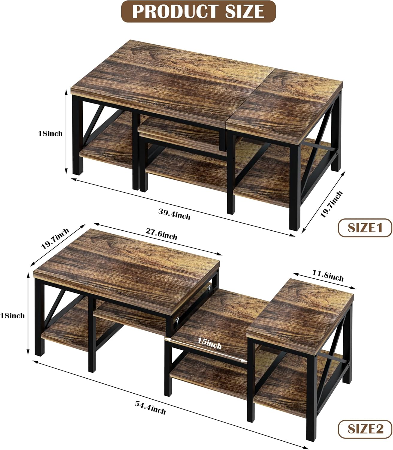 GAZHOME Tavolino da caffè deformabile con portaoggetti, tavolino centrale in stile rustico con ripiano portaoggetti, tavolino da 40/55 pollici con divano Farmhouse, tavolino da centro tavolo da 40/55 pollici. Risparmio di spazio e facile montaggio, marrone retrò