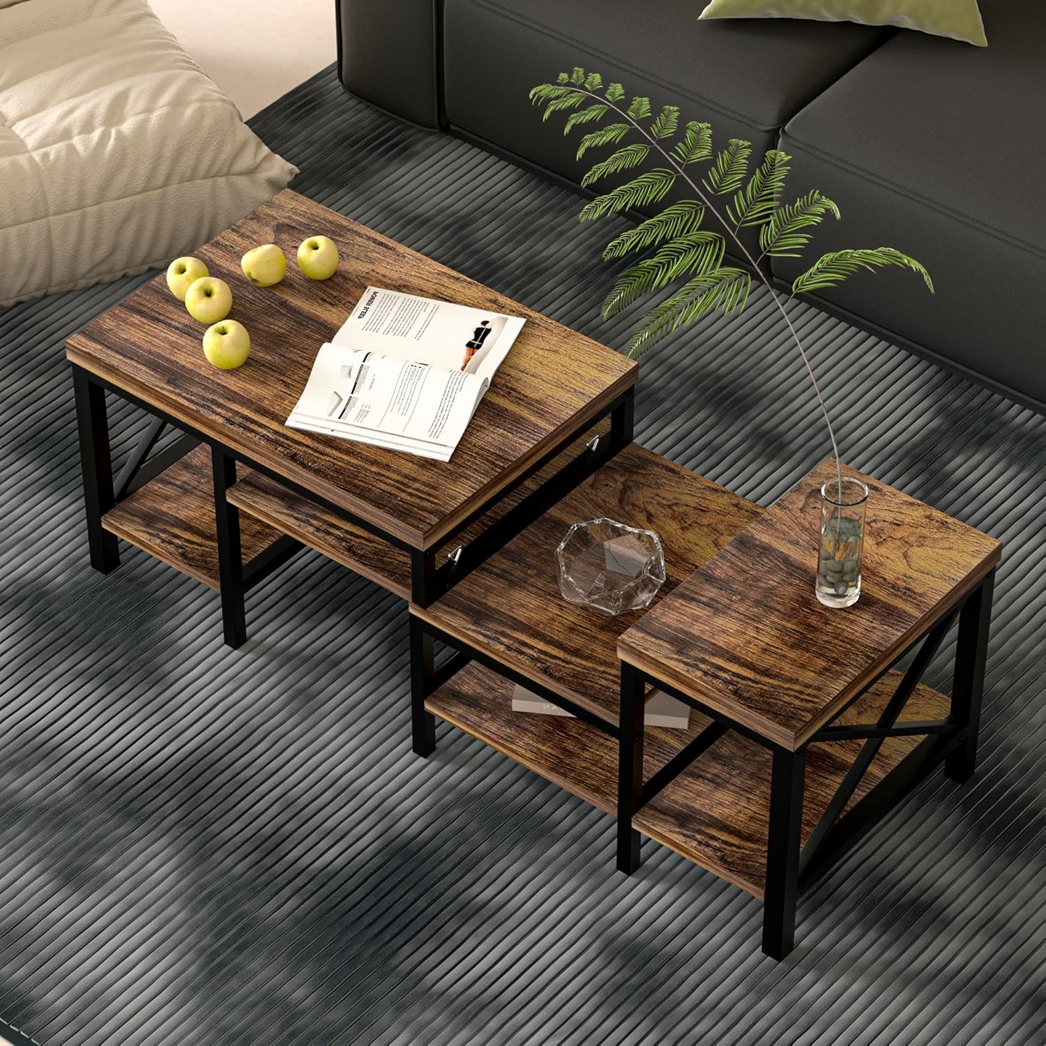 GAZHOME Tavolino da caffè deformabile con portaoggetti, tavolino centrale in stile rustico con ripiano portaoggetti, tavolino da 40/55 pollici con divano Farmhouse, tavolino da centro tavolo da 40/55 pollici. Risparmio di spazio e facile montaggio, marrone retrò