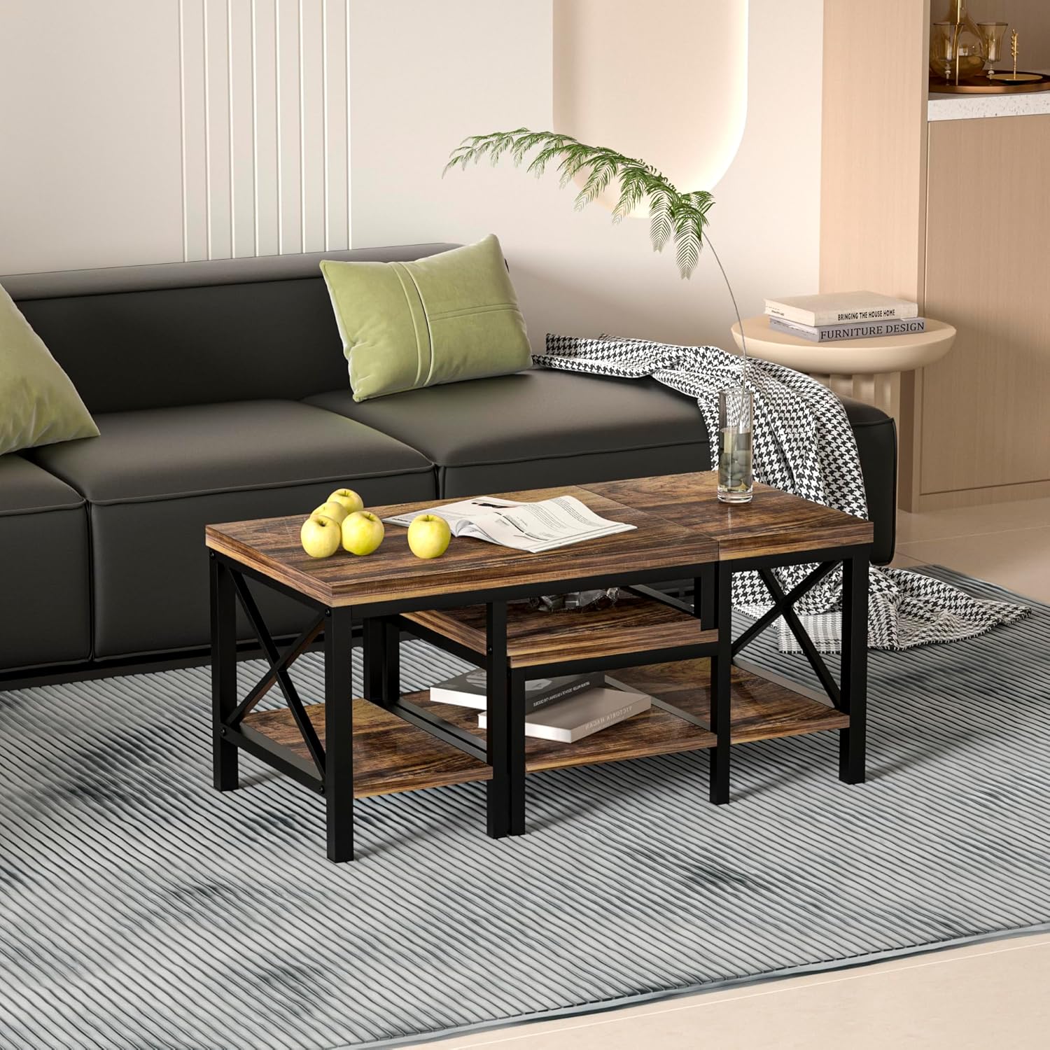GAZHOME Tavolino da caffè deformabile con portaoggetti, tavolino centrale in stile rustico con ripiano portaoggetti, tavolino da 40/55 pollici con divano Farmhouse, tavolino da centro tavolo da 40/55 pollici. Risparmio di spazio e facile montaggio, marrone retrò